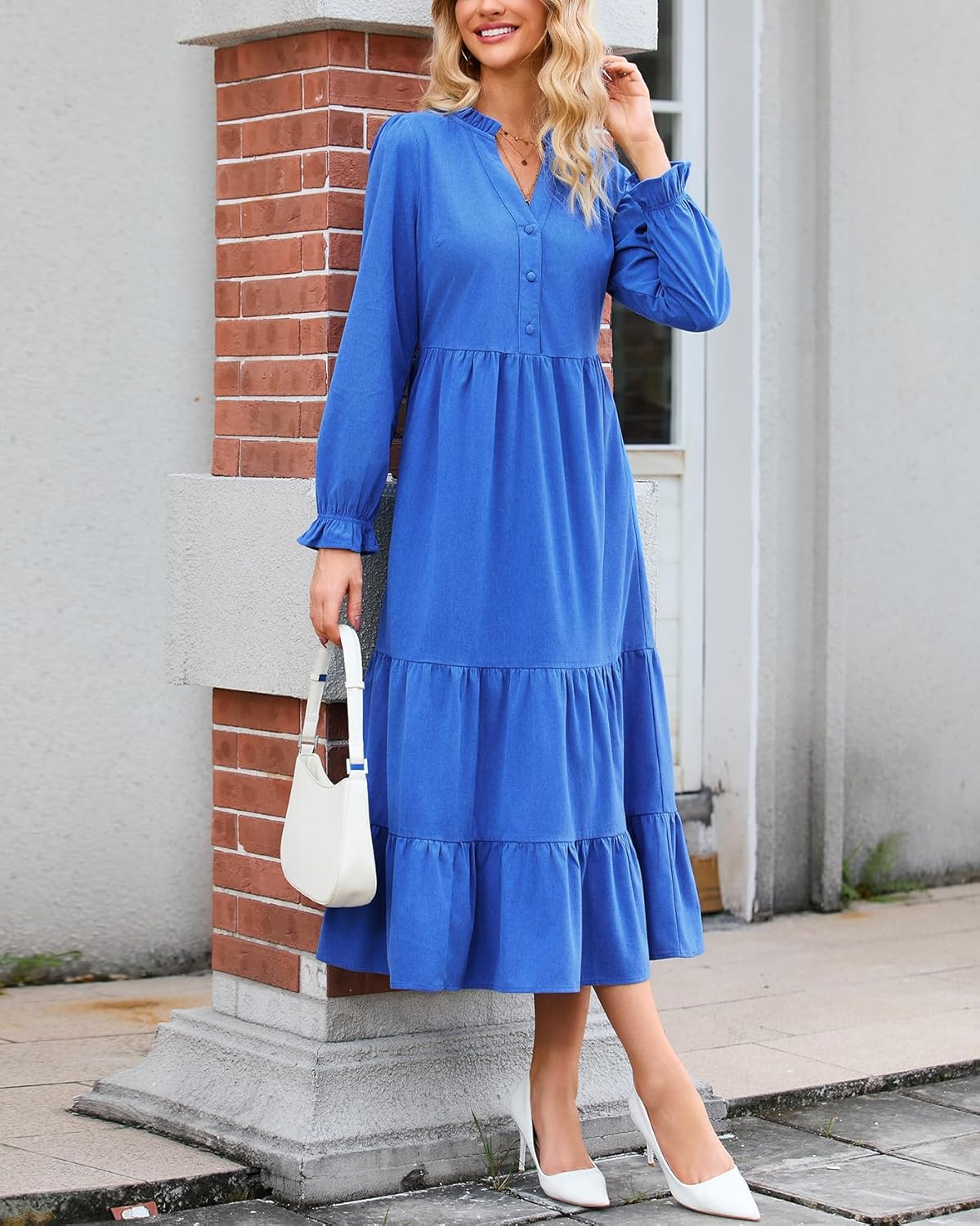 Women’s Corduroy Midi Dress Fall Winter Long Sleeve Ruffle V Neck Button Down Flowy Tiered Shirt Dresses with Pockets - Image 7