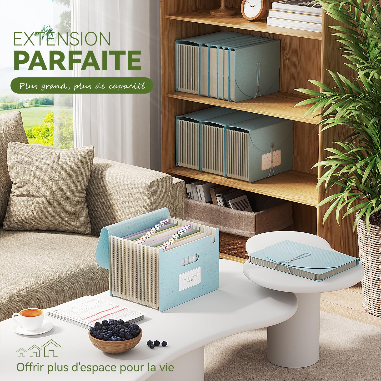 EcoStash Trieur 12 Compartiments A4, Rangement Papier Administratif, Organiseur de Dossiers Accordéon en Paille de Blé, Classeur Range Document, Sans BPA, Retour à la Nature, Vie Saine - Bleu Ciel
