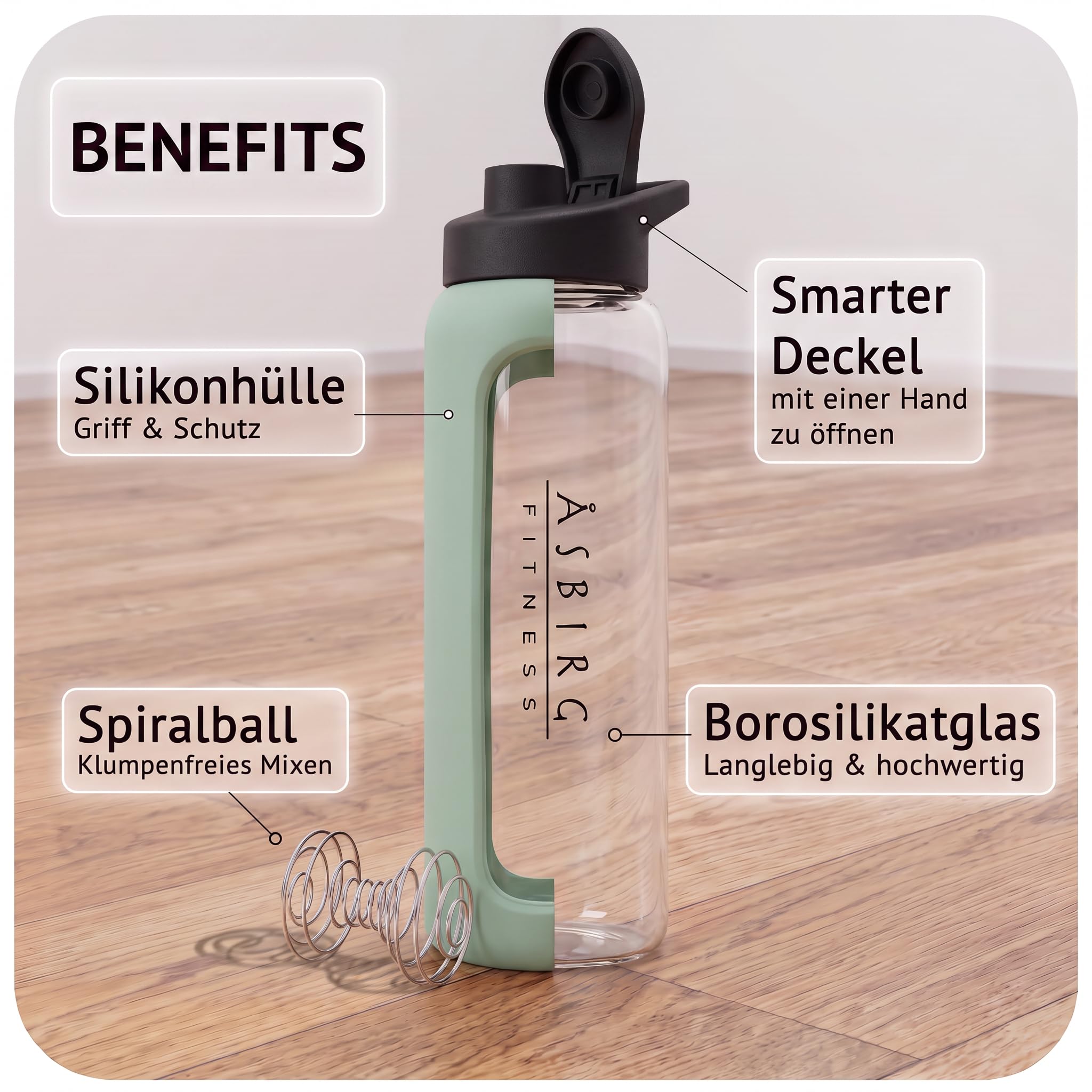Fitness - 3er Bundle Proteinshaker aus Glas – Schwarz, Pastellgrün & Beige – BPA-frei, geschmacksneutral - mit Spiralball
