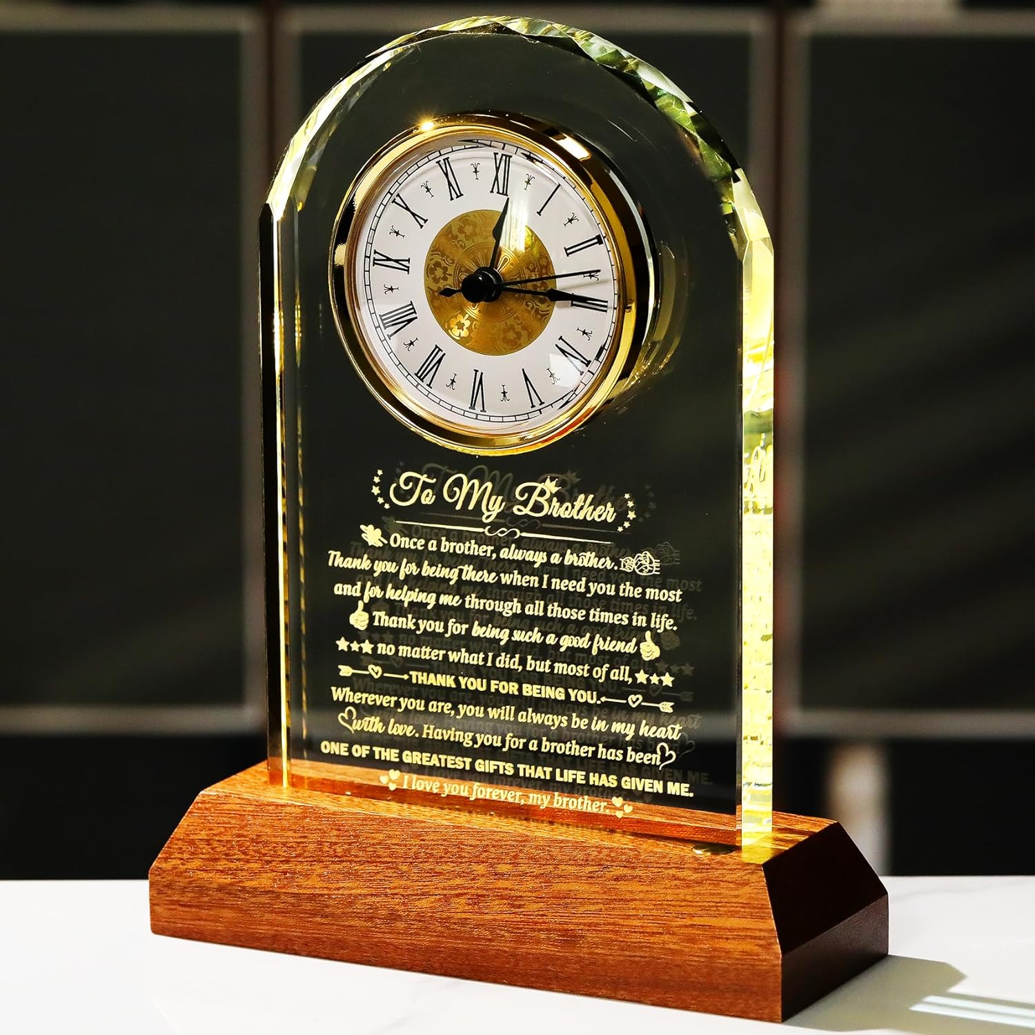 Gifts for Brother from Brothers Sisters Meaningful Glass Clock Brother Birthday Gift with Wooden Light Base Crystal Keepsake for Fathers Day Christmas Graduation Presents for Best Brothers