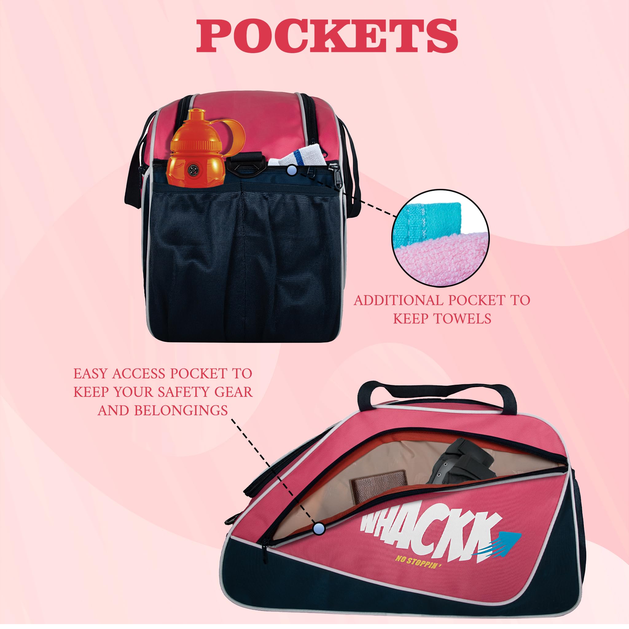 WHACKK Flip Skating Bag Pink Navy | Roller & Quad Skate Carrier for Girls with Adjustable Strap | Padded Skate Bag for Kids, Teens & Adults 2