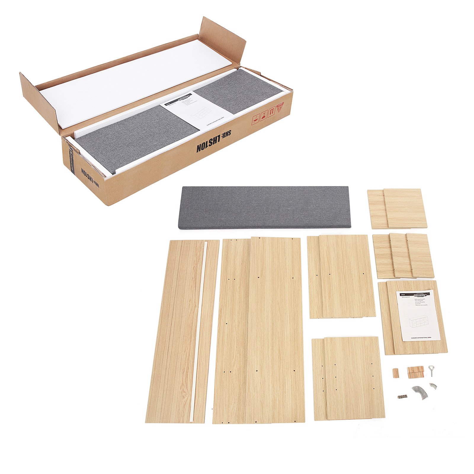 VASAGLE Banc à Chaussures, Banc de Rangement avec Coussin Rembourré, 10 Compartiments, Étagères Réglables, pour Salon, Couloir, 30 x 104 x 48 cm, Couleur Boisée et Gris LHS10NL