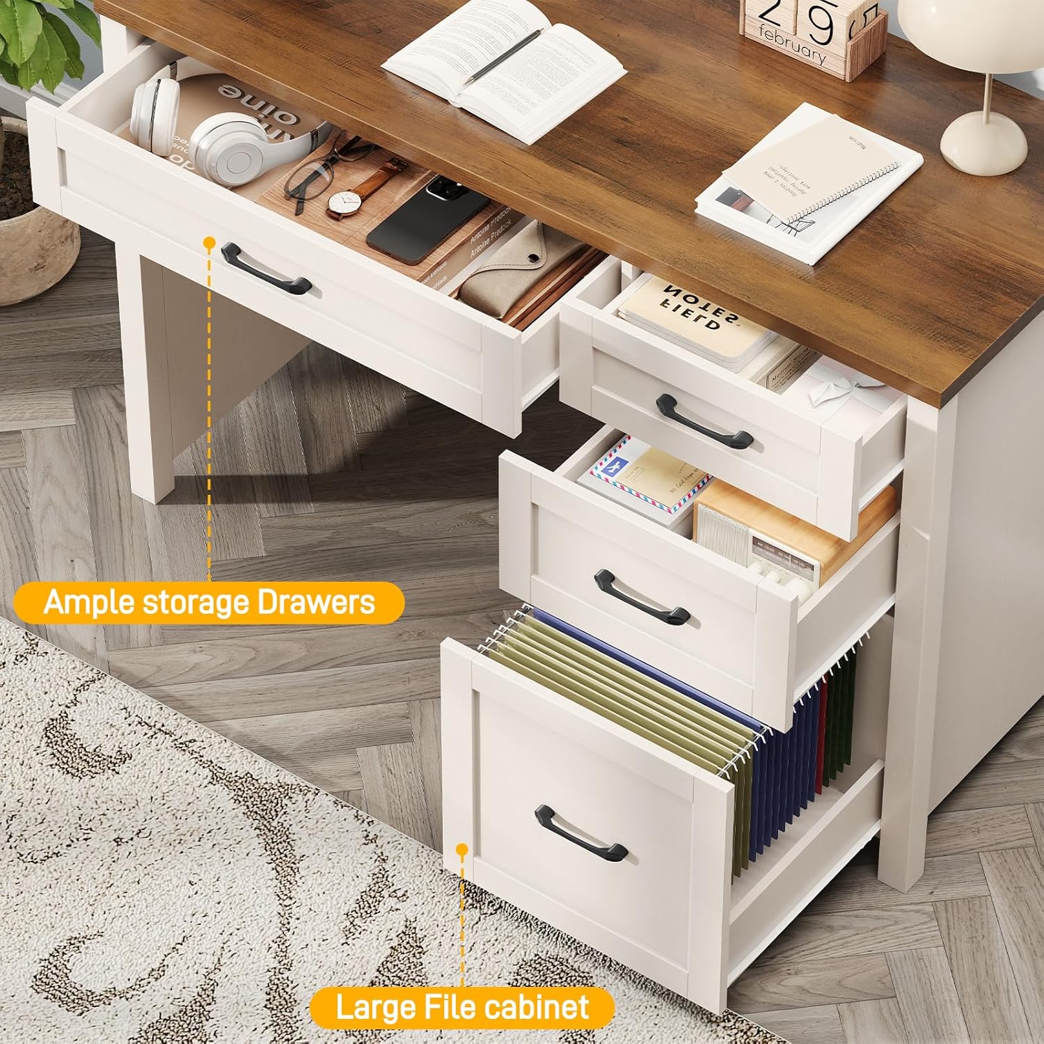 Farmhouse 47" Executive Desk, Computer Desk with File Drawer and Charging Station, Workstation for Study, Home Office, Unique White.