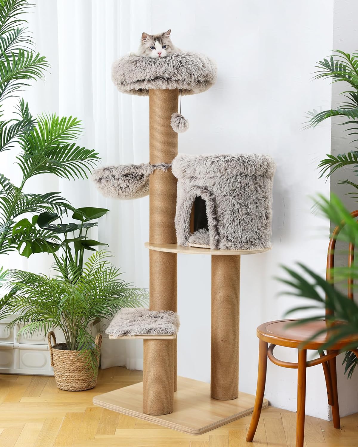 review FUKUMARU Cat Tree, 61 Inch 5 in 1 Cat Tower for Indoor Cats, Plush Multi-Level Cat Condo with 6 Scratching Posts, Detachable and Washable Cushions, Activity House with Perch and Hammock for Most Cats