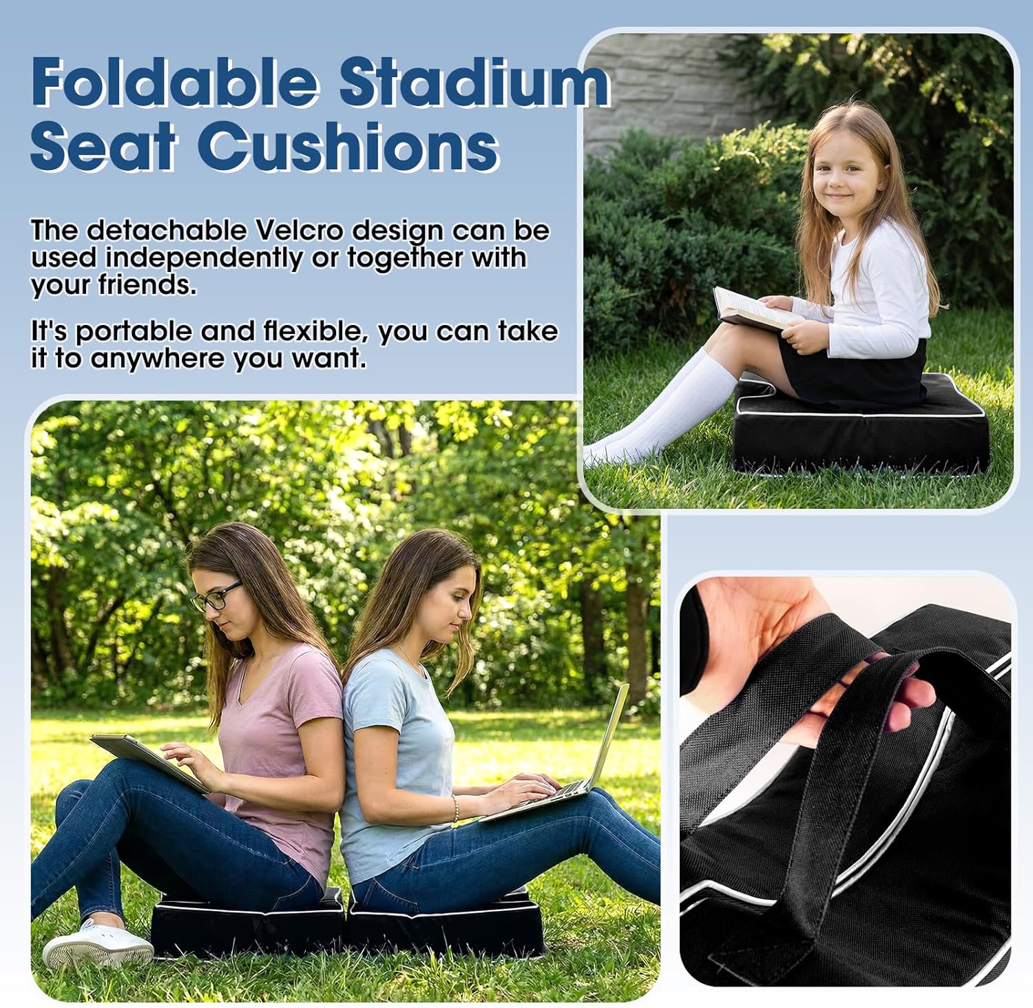 Portable Stadium Seat Cushions with Handle, Waterproof 600D Oxford Fabric, Extra Thick 3.9" Foldable Seat Cushion for Bleachers, Sports Events, Camping, Office Chairs, 2PCS