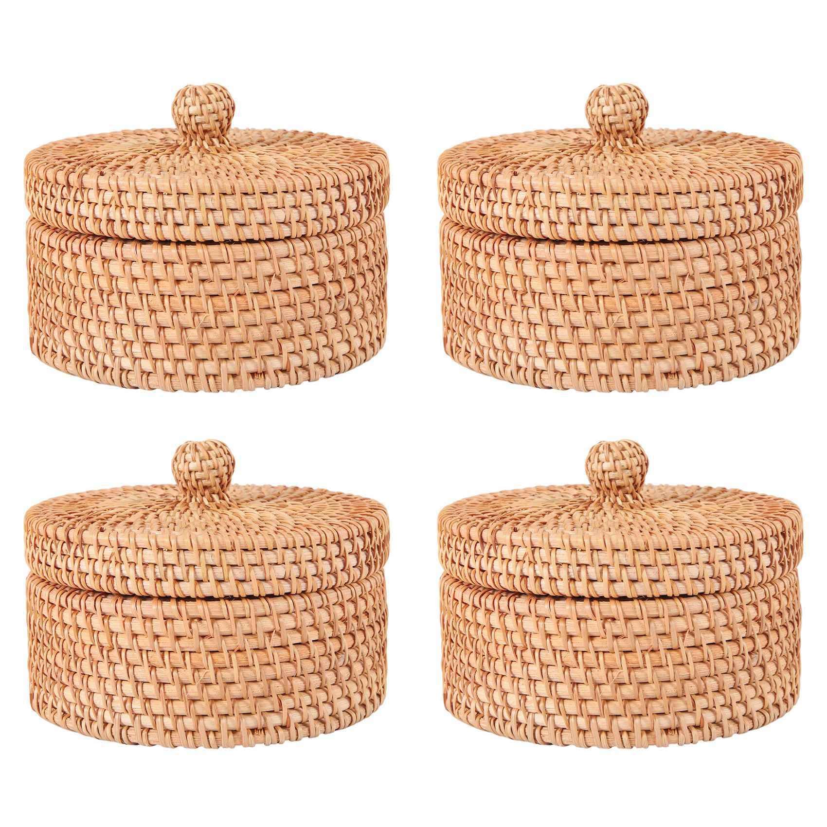 Vjsujehgy 4X Handwoven Rattan Storage Box with Lid Wicker Tea Food Container Picnic Bread Fruit Cake Basket Kitchen Organizer B