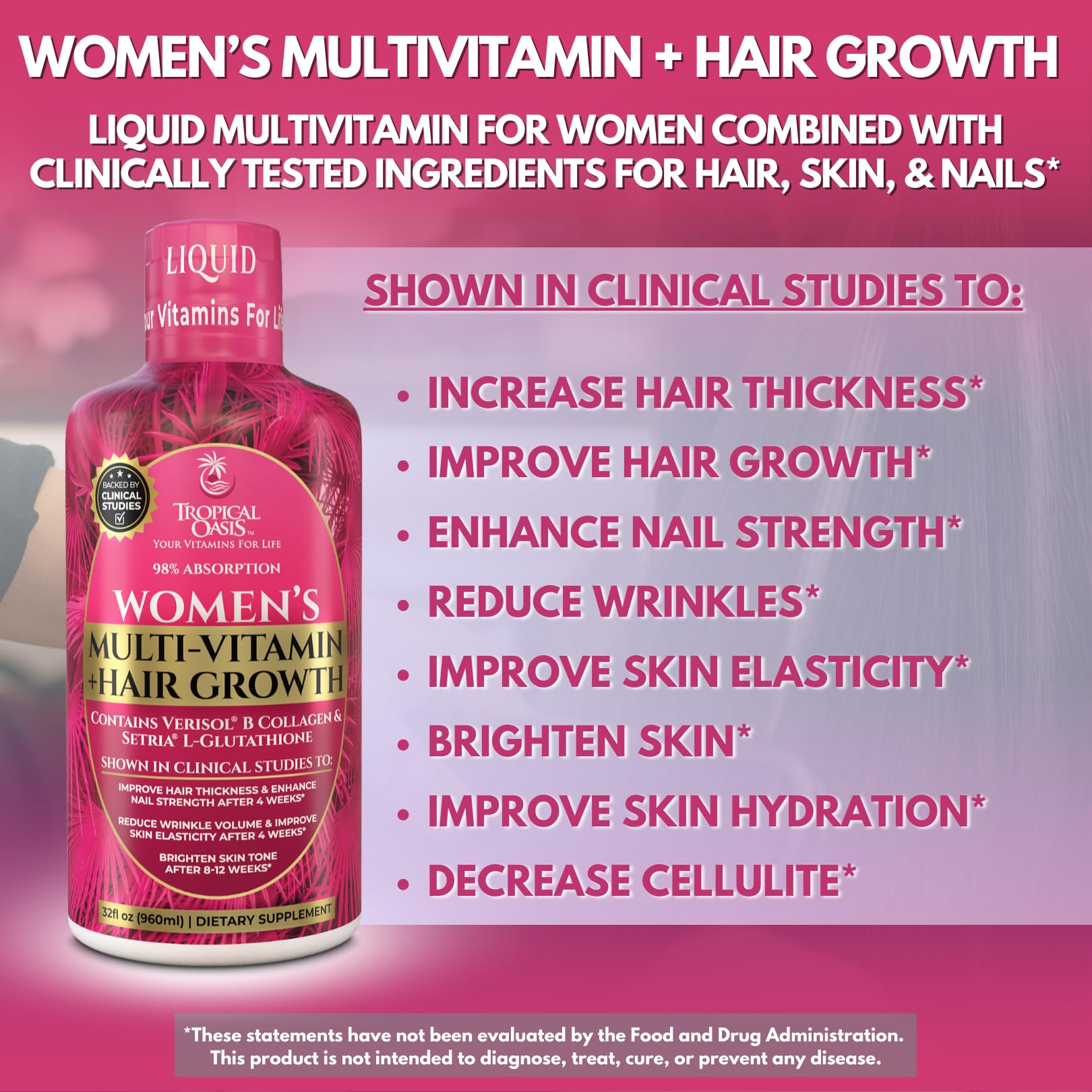glutathione tropical oasis Amazon.com: Tropical Oasis Women's Liquid Multivitamin + Hair Growth |  Clinically Tested for Thicker Hair, Wrinkles, Brighter Skin, Strong Nails |  2.5g Verisol Collagen | Biotin 12500mcg