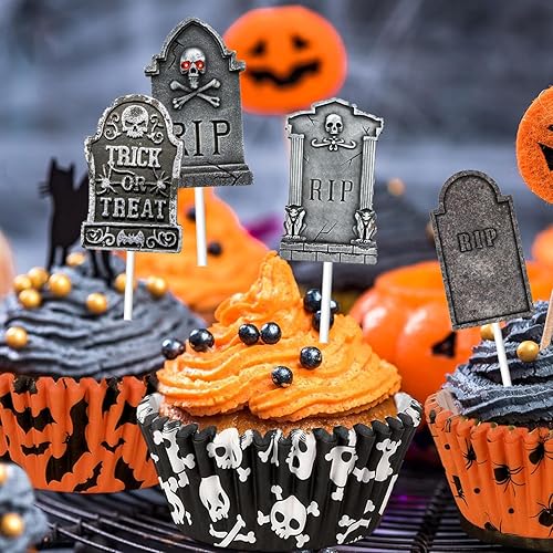 Miniatura 3 de 60 piezas de decoración de cupcakes de Halloween, lápida, cementerio, decoración de cupcakes, decoración de cupcakes de Halloween, palillos de mesa
