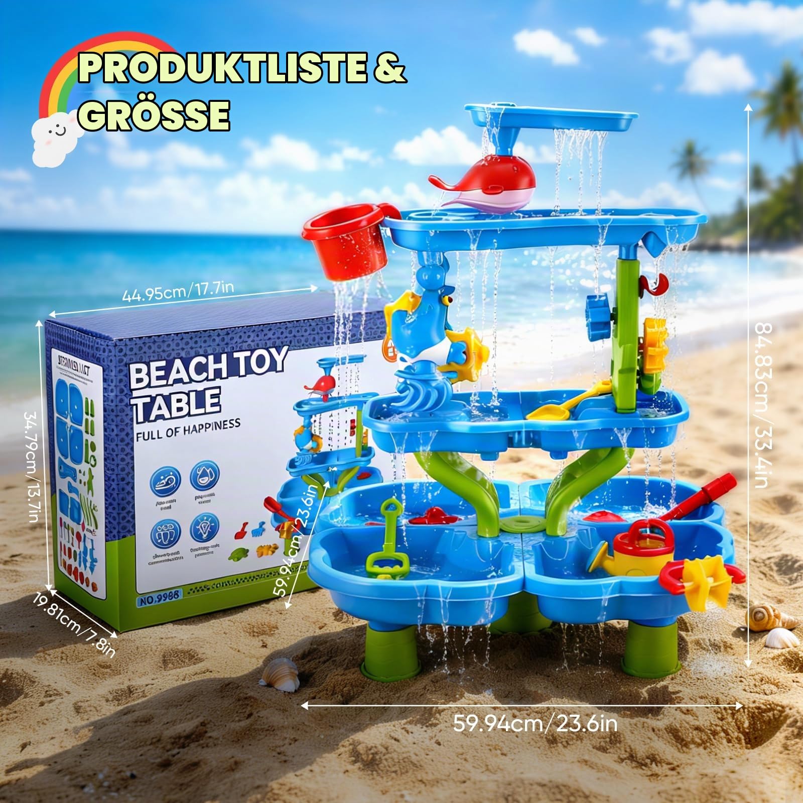4-Tier Wasserspieltisch Kinder Outdoor, Großer Wassertisch | Sand und Wasser Tisch für Garten, Im Freien & Strand, Aktivitäten-Spielset mit Strandspielzeug-Zubehör, ab 3 Jahr