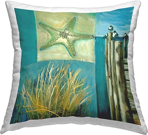 Stupell Industries Liz Jardine - Almohada con diseño de collage náutico con vista a la playa, 18 x 18 pulgadas, color azul