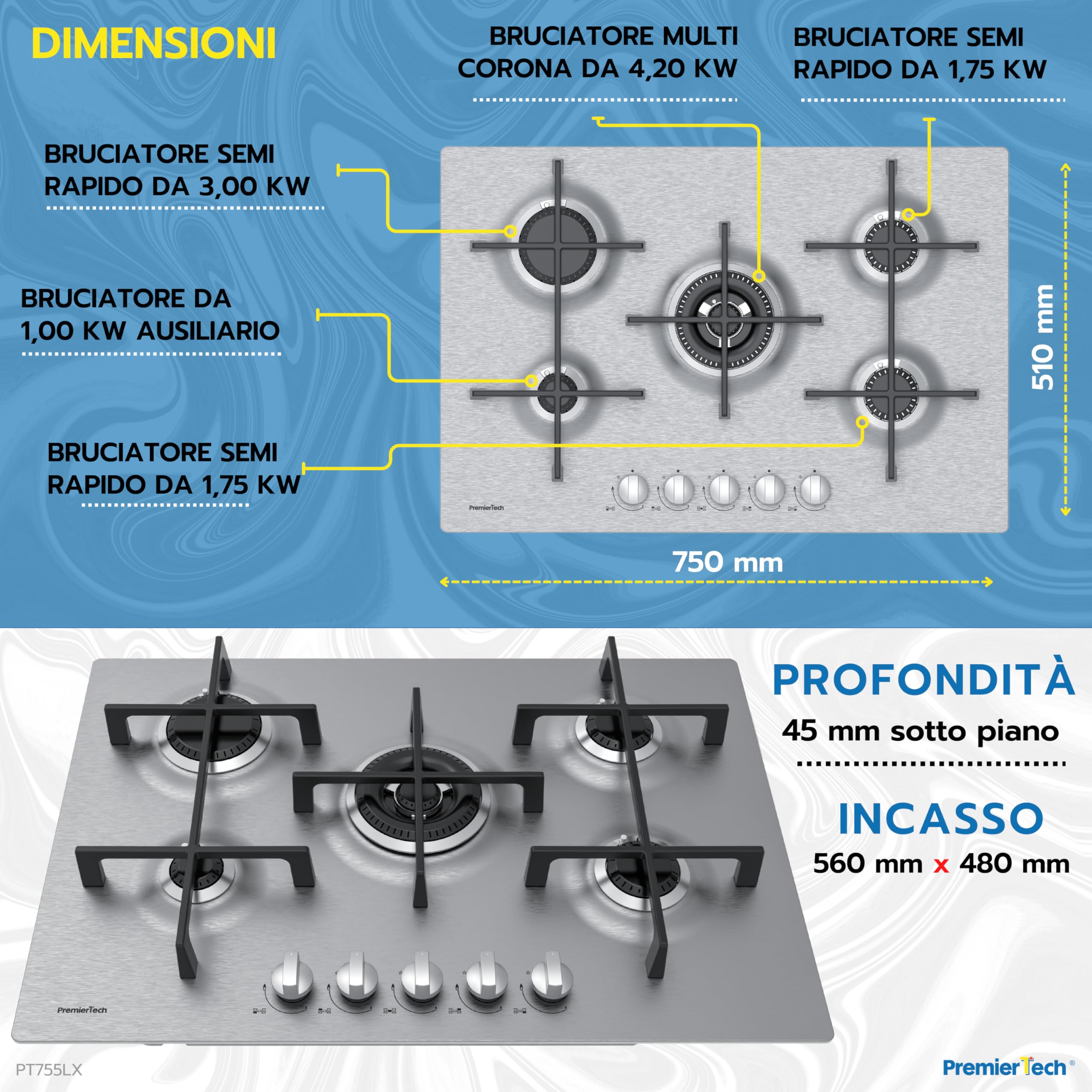 PremierTech Piano Cottura a Gas 5 fuochi, 75cm, Supporti in Ghisa Professionali, Ugelli Metano e Kit GPL Inclusi, Manopole Alluminio, Da Incasso, Acciaio Inox, Design Esclusivo 3D, PT755LX