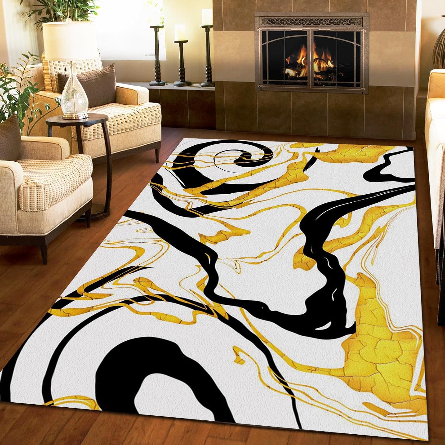 Nordic Minimalist Living Room Rugs, Abstract Black and Gold Irregular Stripes Washable Area Rug, Non-Slip Soft Foldable Thin Floor Mat for Sofa Bedroom Entryway Hallway Office-5x8ft