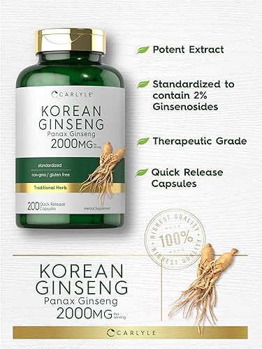 Miniatura 4 de Carlyle Cápsulas de extracto de ginseng coreano de 2000 mg  250 cápsulas  Fórmula sin OMG y sin gluten  Suplemento estandarizado de Panax Ginseng