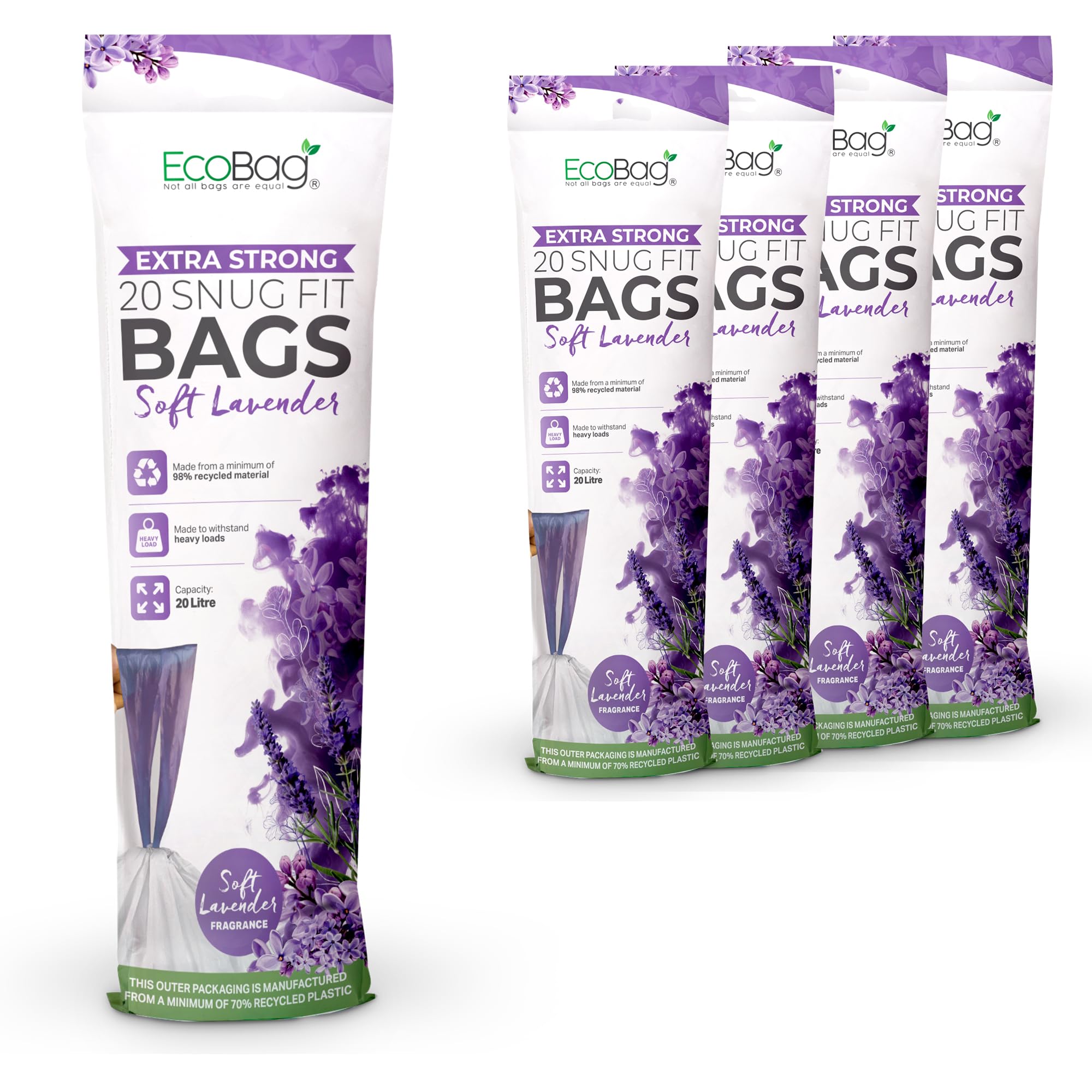 Ecobag Lavender - 100 Pack Scented Kitchen Drawstring Bin Liner - 20L - 24 Microns - Heavy Duty, Extra Strong, Brabantia Compatible, Tear Resistant, Odor Control (420 X 760Mm)