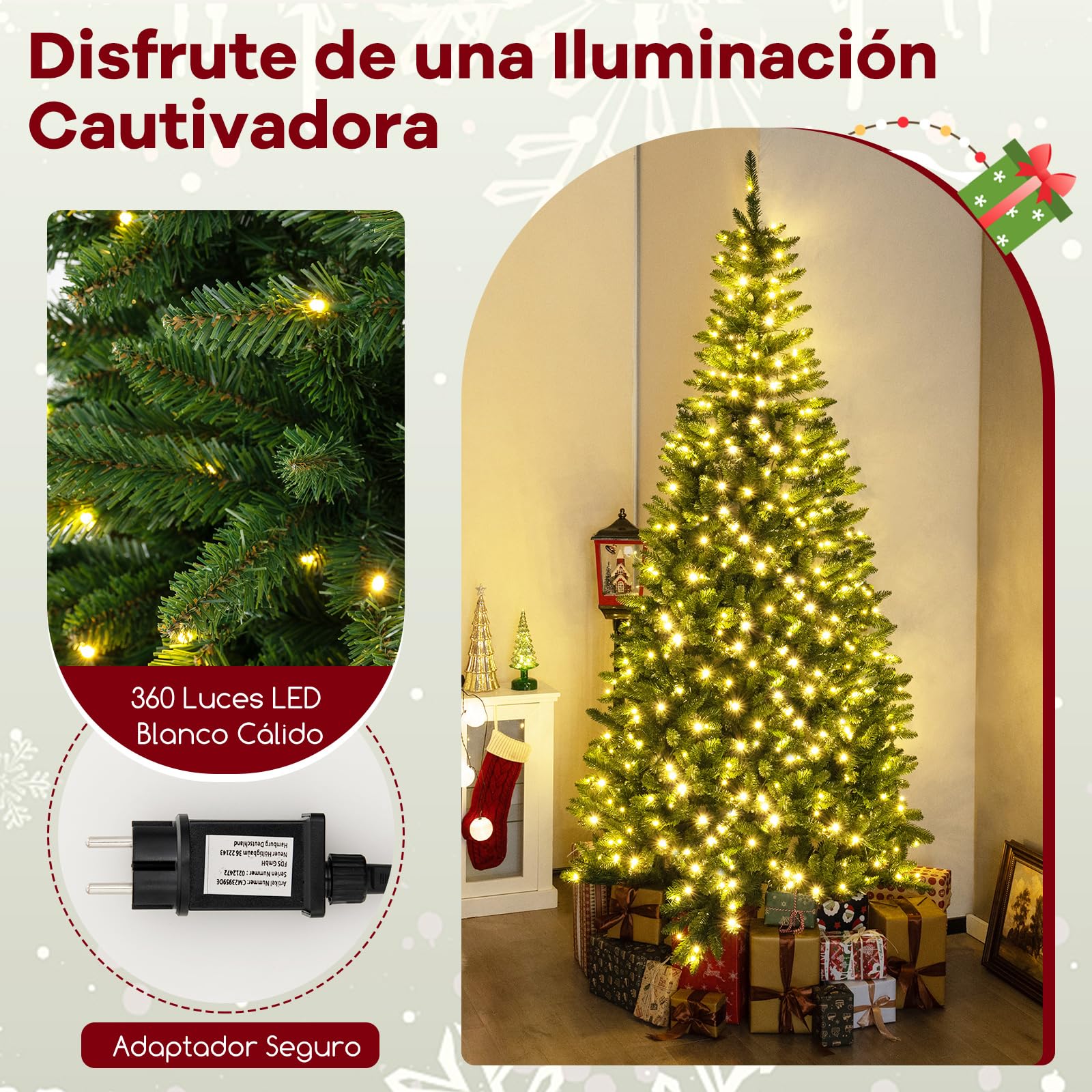 COSTWAY Árbol de Navidad Artificial Verde 240 cm, arbol de Navidad con Luces Incorporadas, 1137 Ramas de PVC, 360 Luces LED, 270° de Esquina, Arvore de Natal Hogar Oficina Fiesta