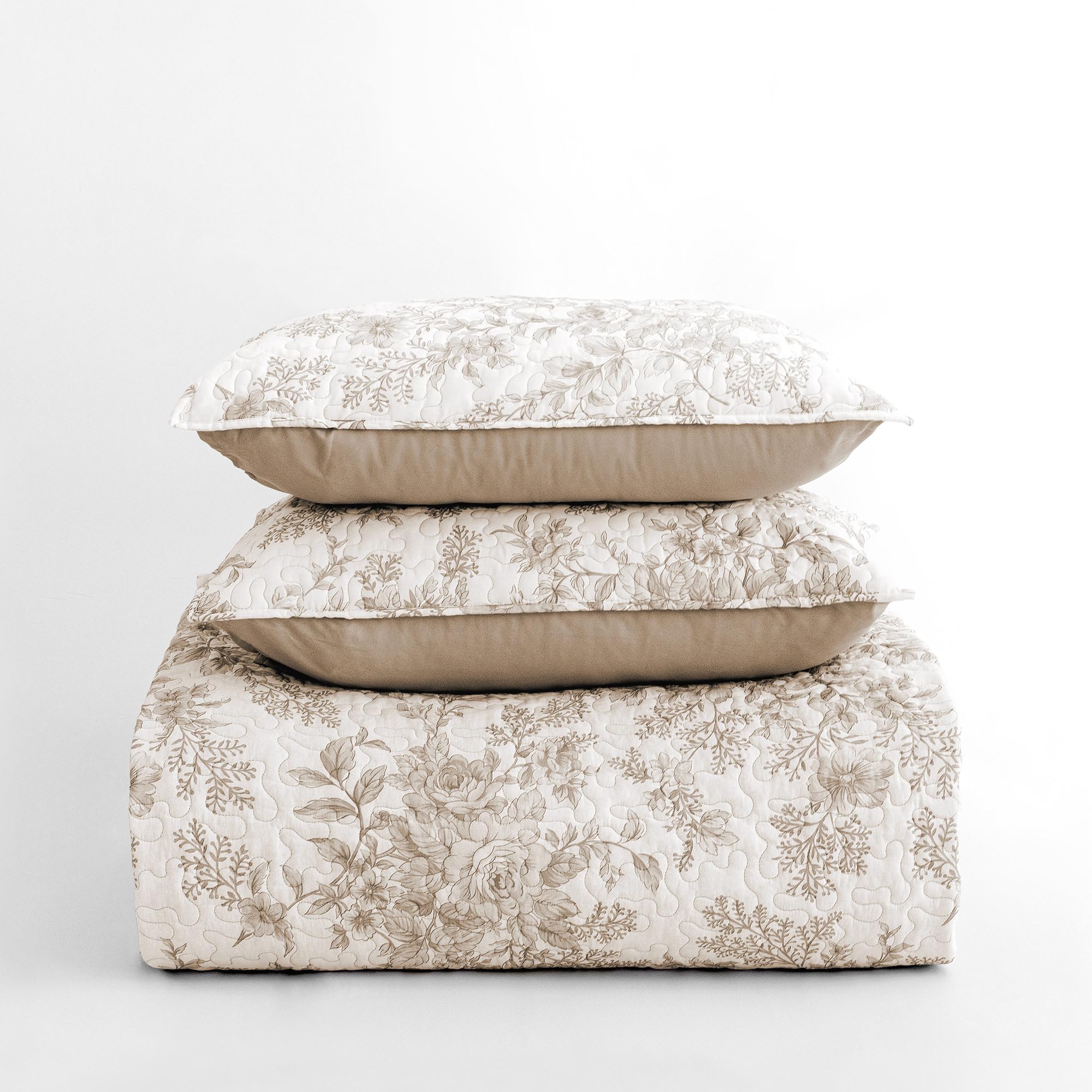 SHALALA Floral Quilt Queen Size,Quilt Bedding Set for Queen Bed,Lightweight Kahki White Bed Cover,3pcs Soft Printed Bedspread and Coverlet for All Season(Full/Queen,Khaki/White)