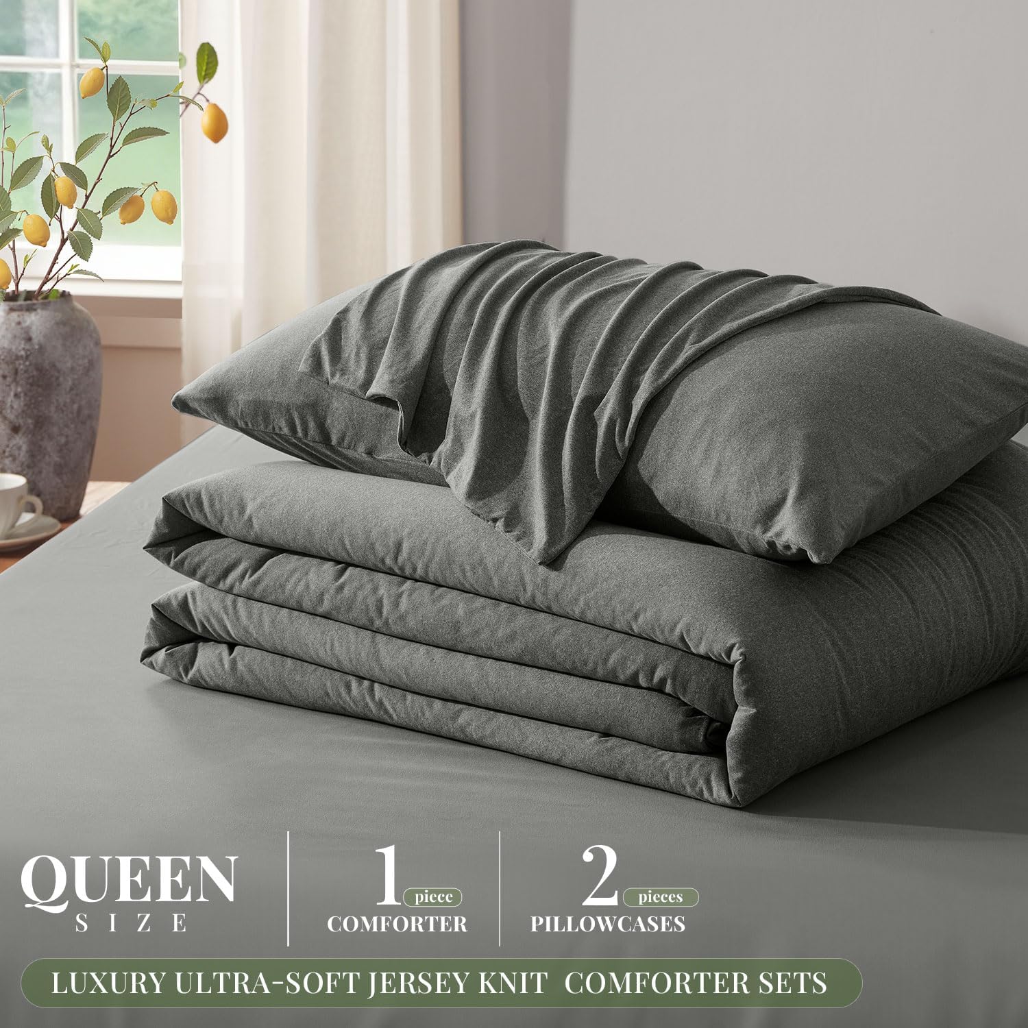 Queen Comforter Set, Comforters Queen-Size Luxury Ultra-Soft Jersey Knit Bedding Sets, Dark Grey Lightweight Down Alternative Bed Comforter Queen for All Season, 3 Piece