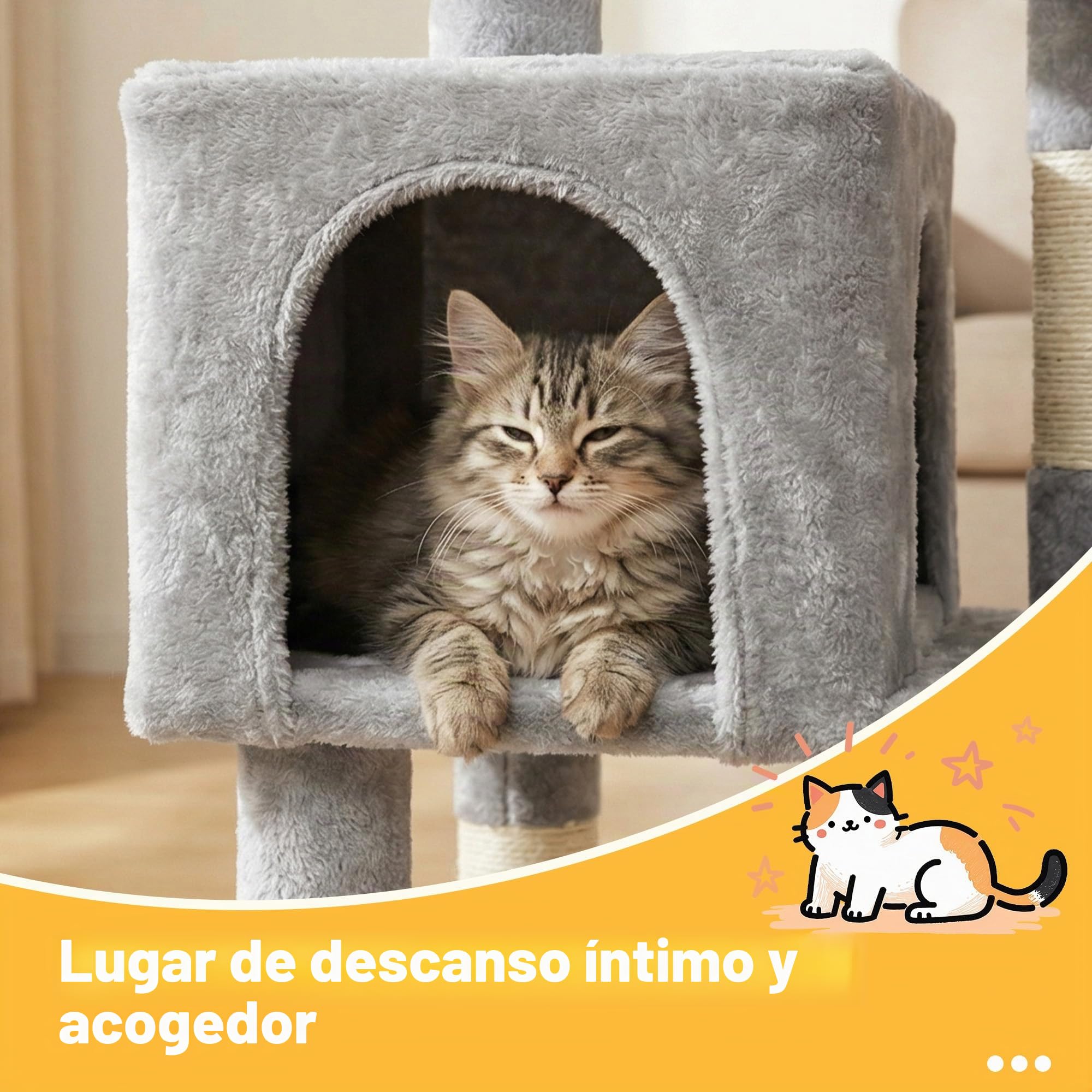 Hey-brother Árbol para Gatos, Árbol Rascador para Gatos, con Cama de Plataforma con cojín, Pelota de Juguete,Cueva cómoda, Hamaca y Poste de Arañar, Gris Claro 0EMPJ004SW-N-