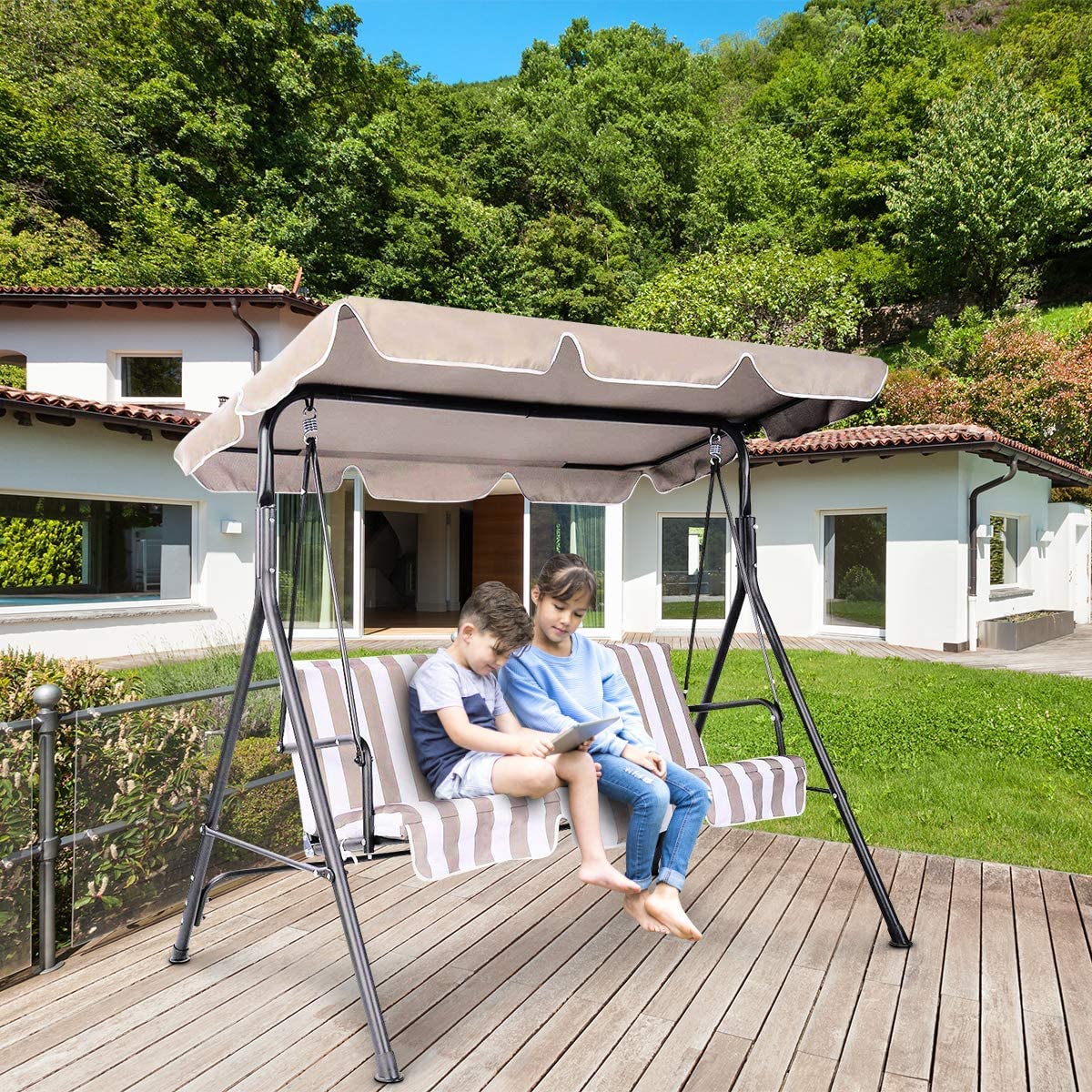 GYMAX Tettuccio per Dondolo 2/3 Posti, Tetto di Ricambio Anti-UV e Impermeabile (190 x 132 cm, BEIGE)