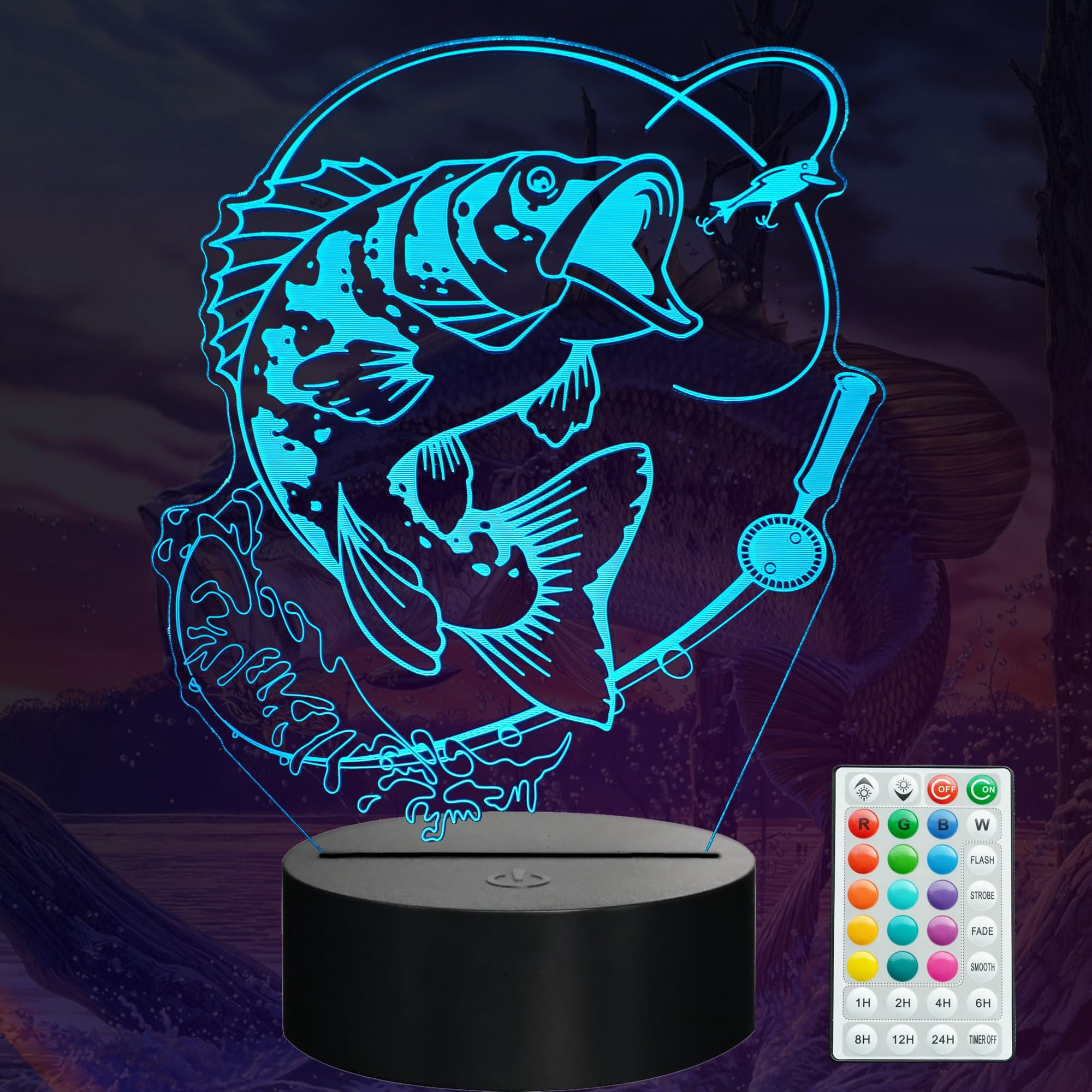 POSSHE Fish Night Light, Fish 3D Illusion Lamp, Go Fishing Man Gifts with 16 Colors Changing, Timer, 4 Flash Modes and Dimmable, Kids Room Decoration, Xmas Fishing Gifts