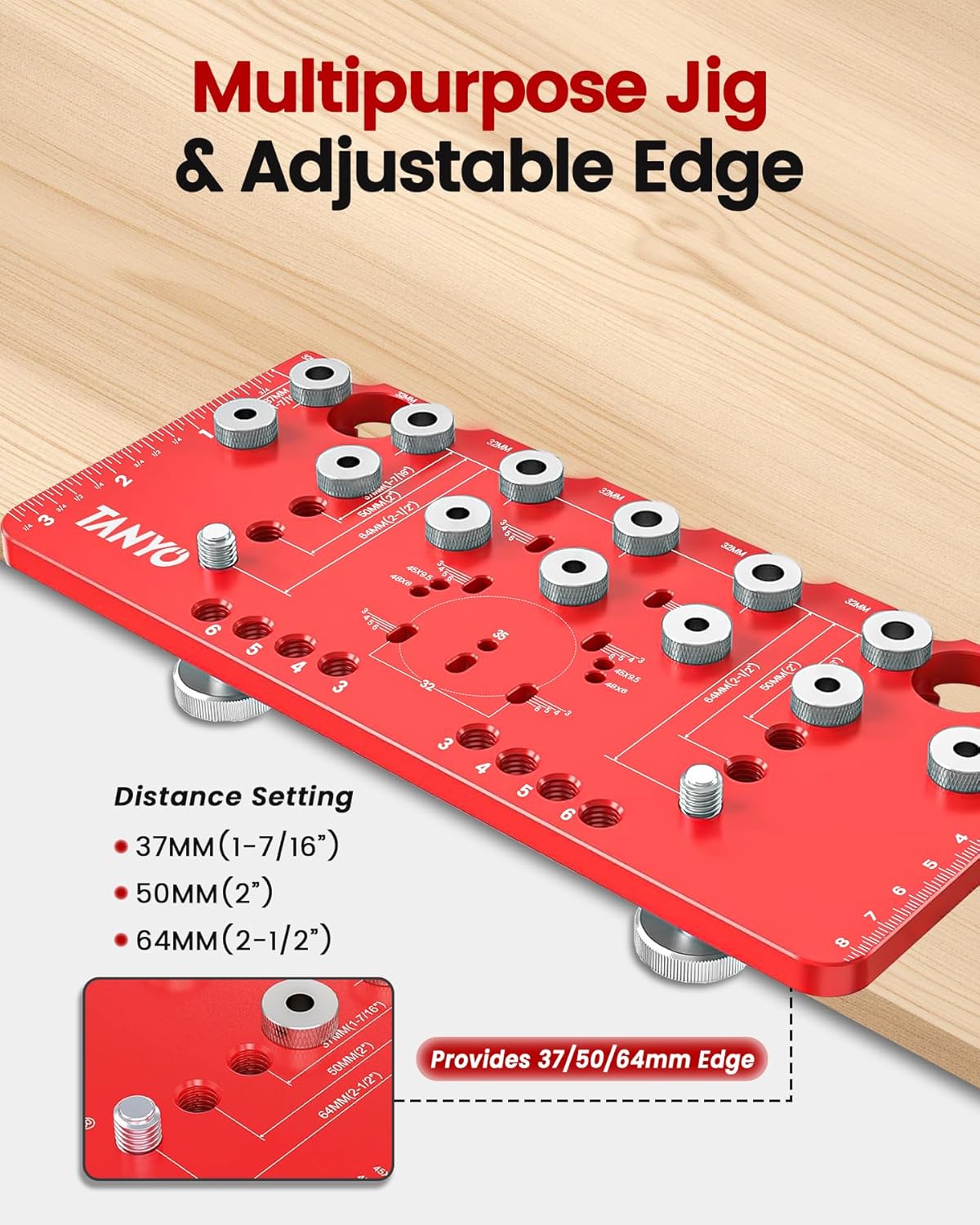 TANYO Shelf Pin Jig and Hinge Jig 2 In 1, 1/4 Inch Adjustable Shelf Pin Drilling Jig, Aluminum Shelf Jig for 5mm Straight Holes, Cabinet Hardware Jig Woodworking Tool Drill Guide