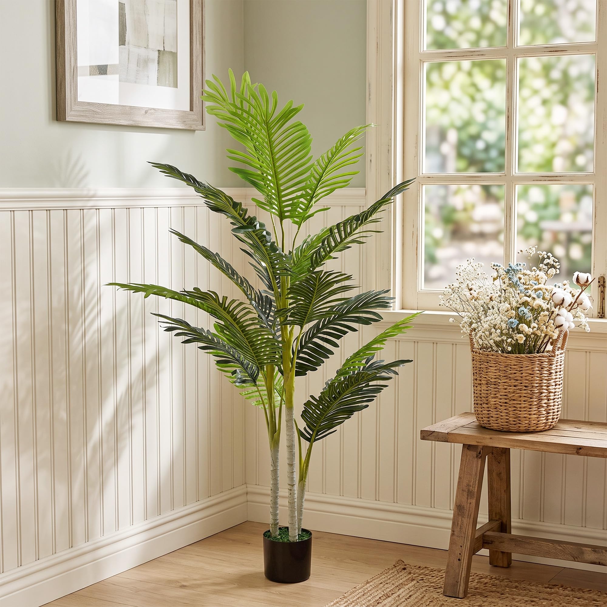 Outsunny Planta Artificial Palmera 150 cm Árbol Artificial Ø18x150 cm Verde | Maceta y Musgo, Decoración Interior, Salón, Oficina, Balcón