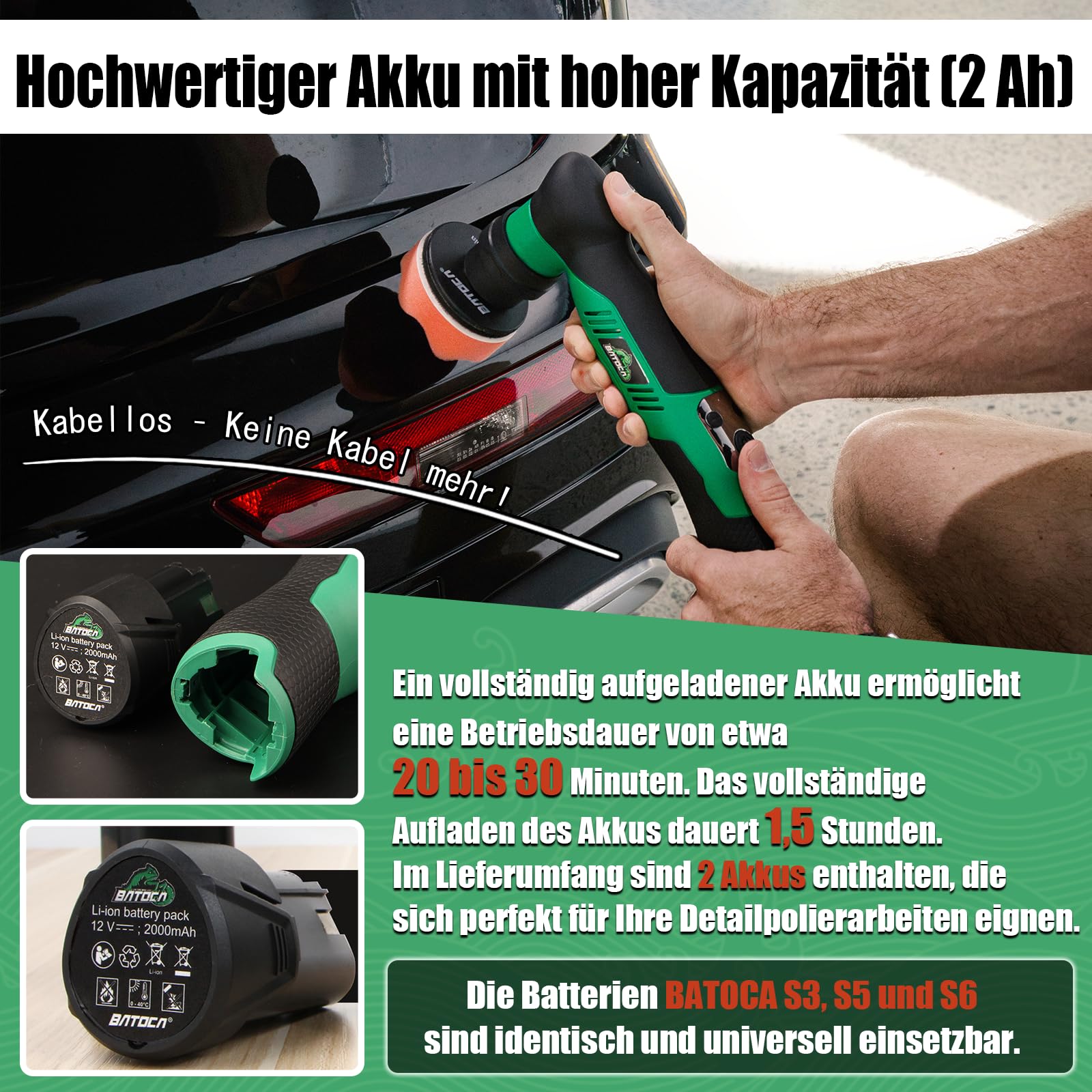 BATOCA S5 Mini Akku Poliermaschine, Rotations und Exzenter Poliermaschine, Auto Polierer Set mit 2 12V 2.0Ah Batterie, 25mm/50mm/75mm Polierteller, für die Autodetailing, Scheinwerfer Aufbereitung Set