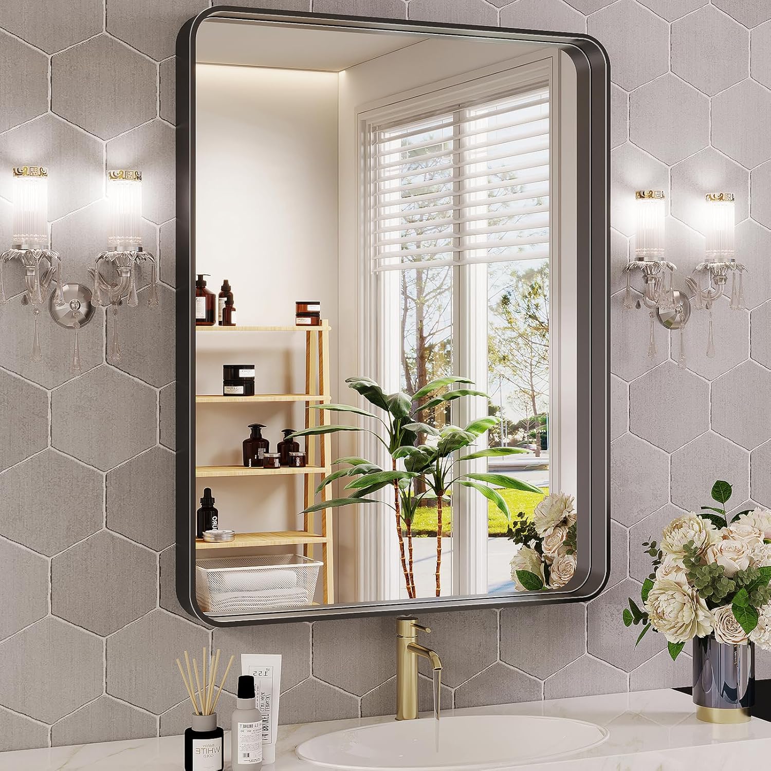Black Bathroom Mirror 28x36 Inch Bathroom Vanity Mirror for Wall Matte Black Rectangle Metal Framed Mirror for Bathroom