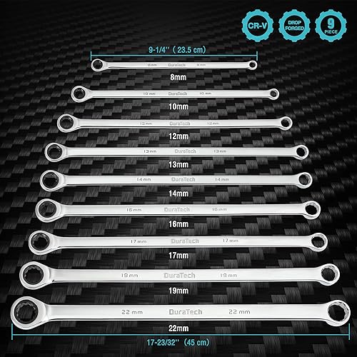 Miniatura 2 de DURATECH Juego de llaves de trinquete extralargas de 9 piezas y 8 piezas de 90 dientes, métricas, acero CR-V