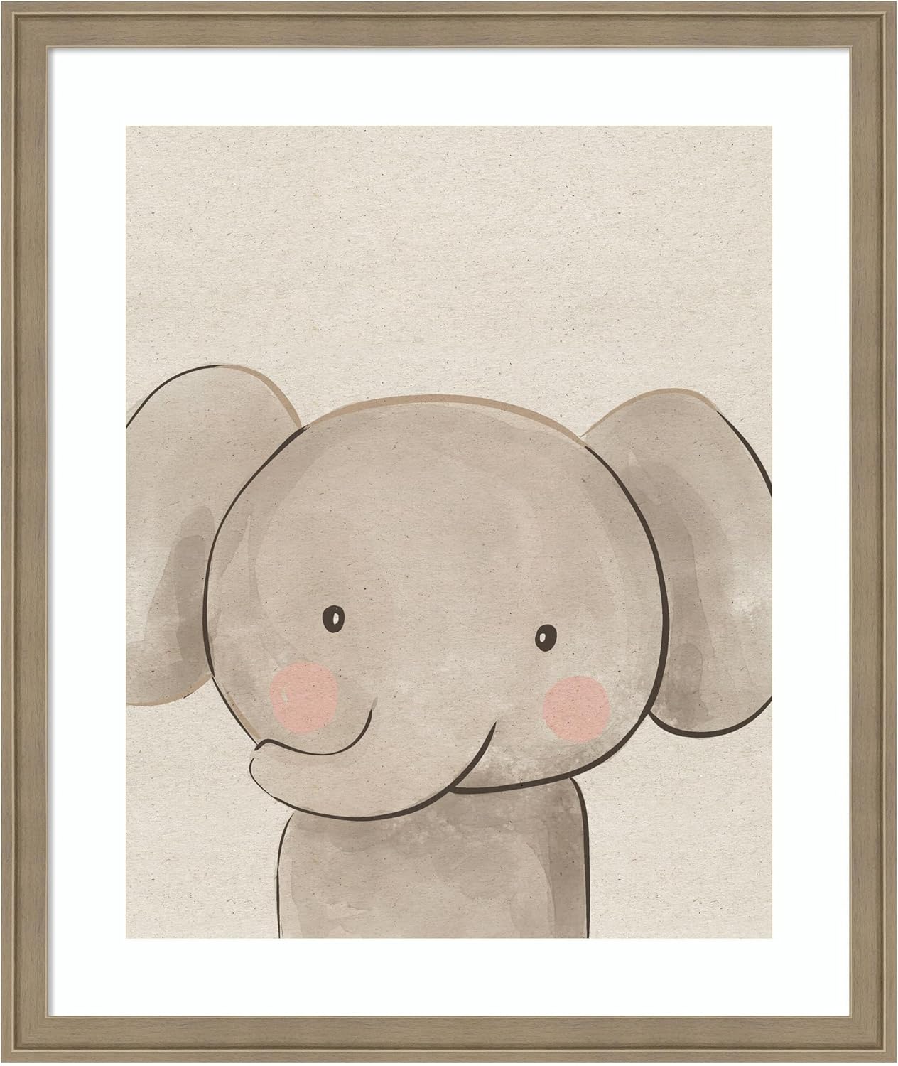 Kate and Laurel Framed Wall Art Print Baby Animal Elephant Natural by The Creative Bunch Studio, 22 x 26, Florence Light Brown Frame, Whimsical, Kid Art for Wall Decor