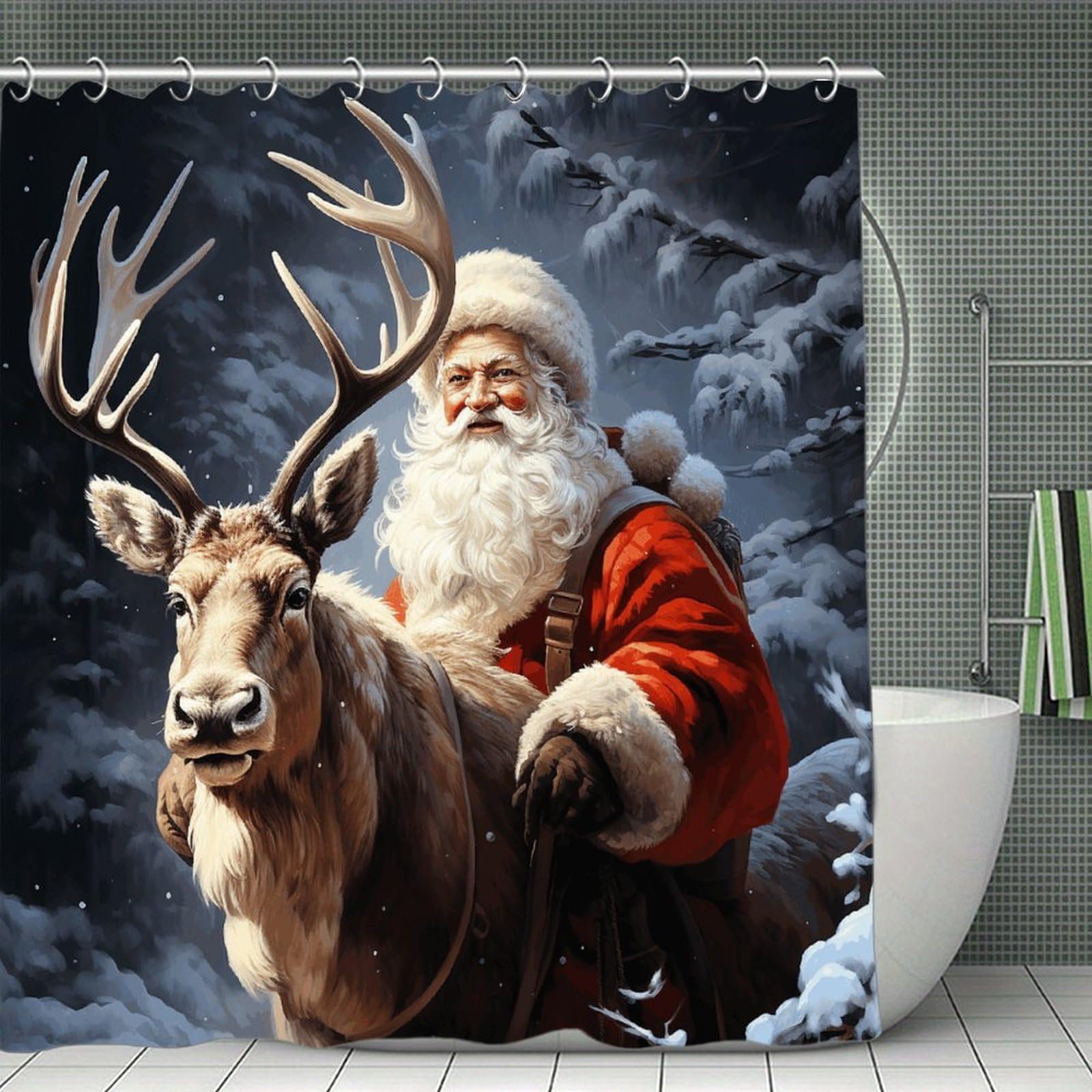 VstaDank Santa Claus and Deer Elk Bath Curtain Elegant Heavy Duty Shower Curtains 70x70 in Rustic Farmhouse Cloth Shower Curtains Neutral Modern Bath Curtain for Bathroom