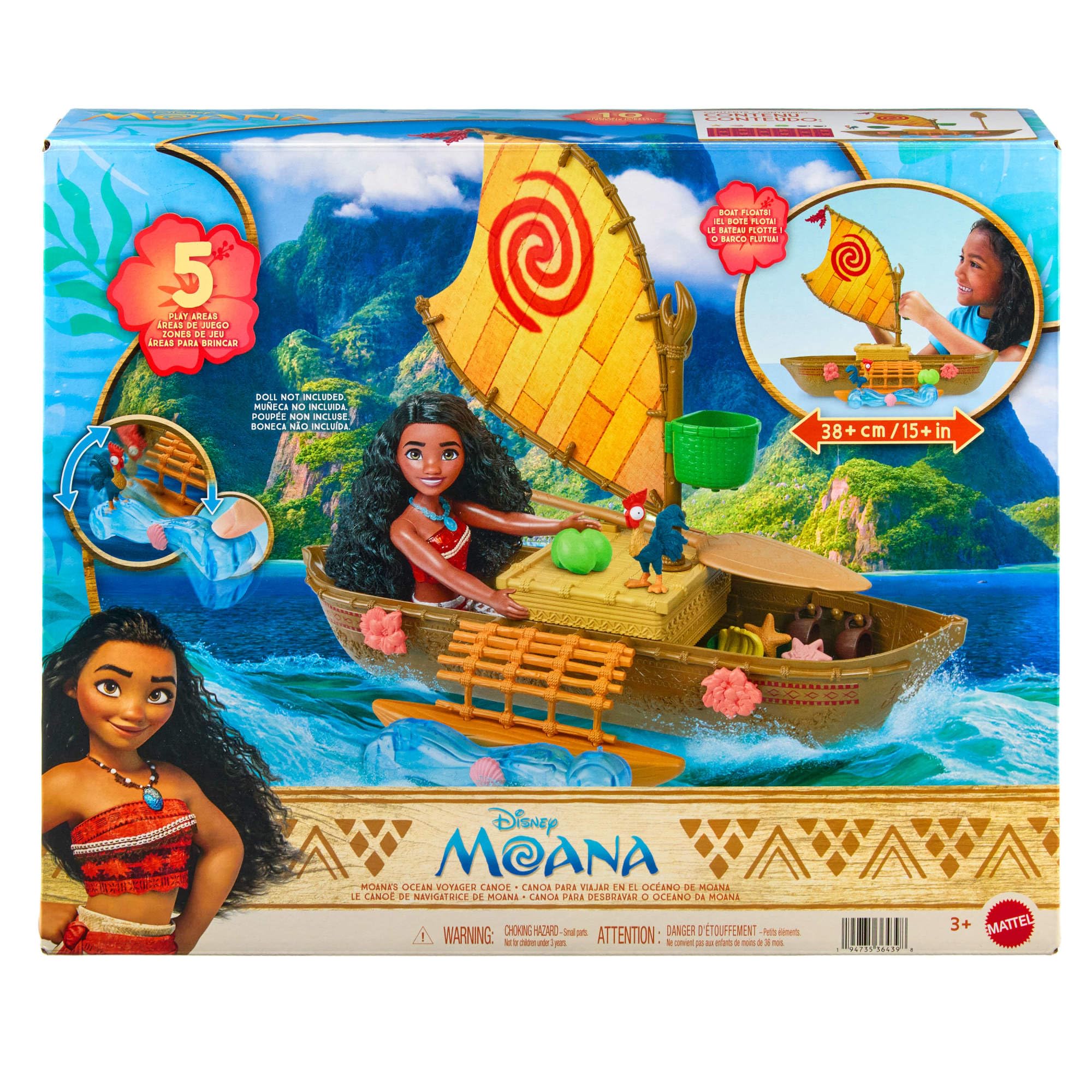 Mattel Disney Moana Ocean Voyager Canoa Floating Boat Playset | 5 aree di gioco, 9 accessori, Heihei Animal Figure & Seesaw, ispirato al film Disney