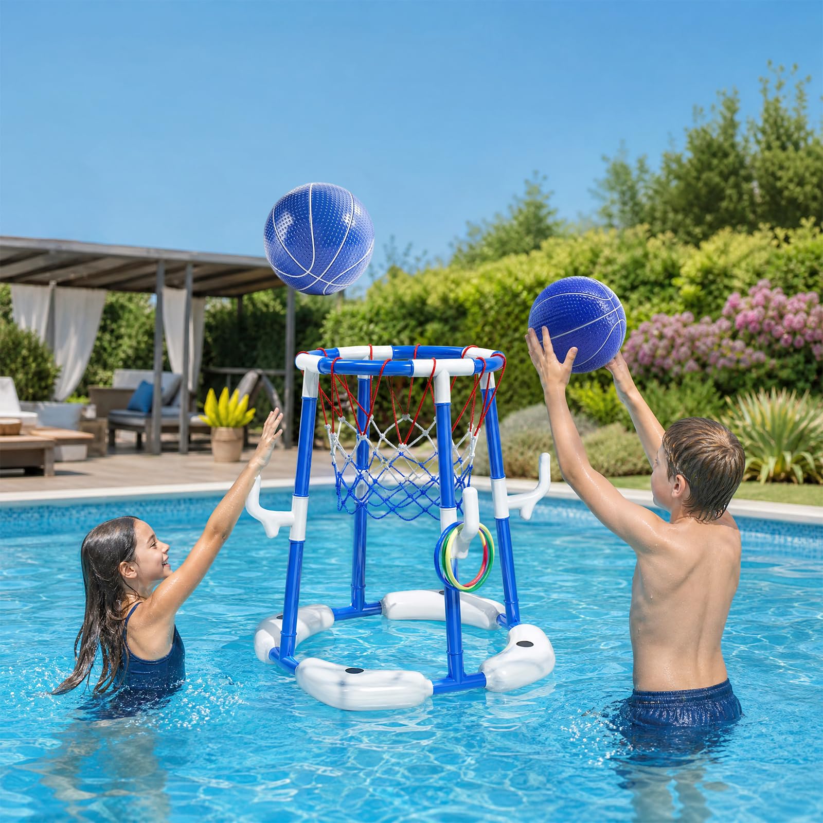 Cestino da basket gonfiabile per piscina con 4 grandi palline, pompa e adesivi, ideale per adulti per divertirsi in acqua