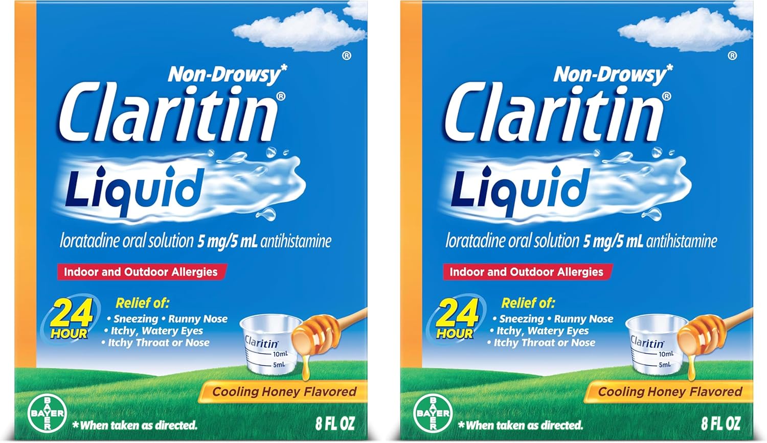 Claritin® Liquid, Allergy Medicine for Adults, 24-Hour Non-Drowsy Loratadine 5mg, Antihistamine, Cooling Honey Flavored, 8 fl. oz (Pack of 2)