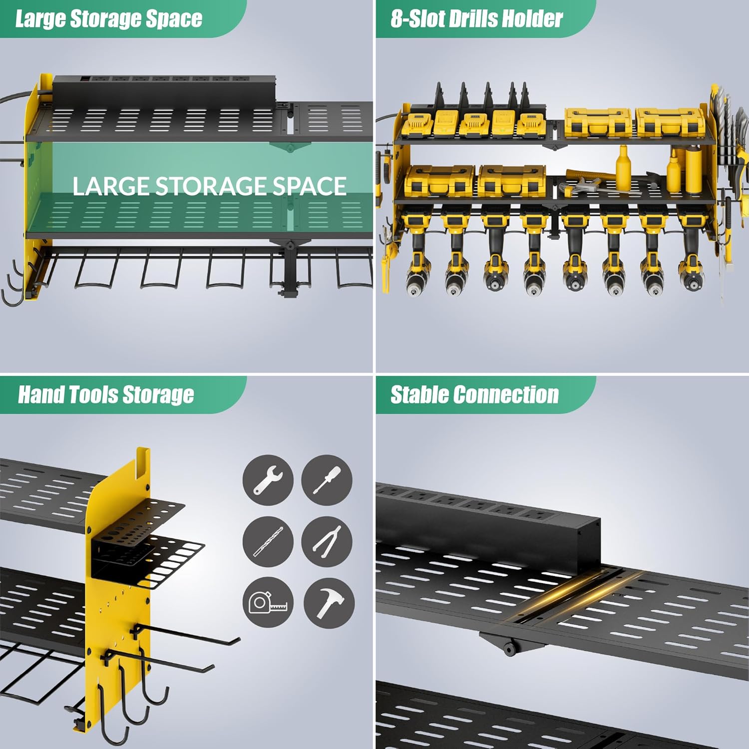 Power Tool Organizer Wall Mounted with Charging Station,33.2" Garage Storage,3 Layers Heavy Duty Metal Organiazation with 8 Outlets Power Strip, Storage Rack Tool Shelf, Gifts for Dad,Husband,Yellow