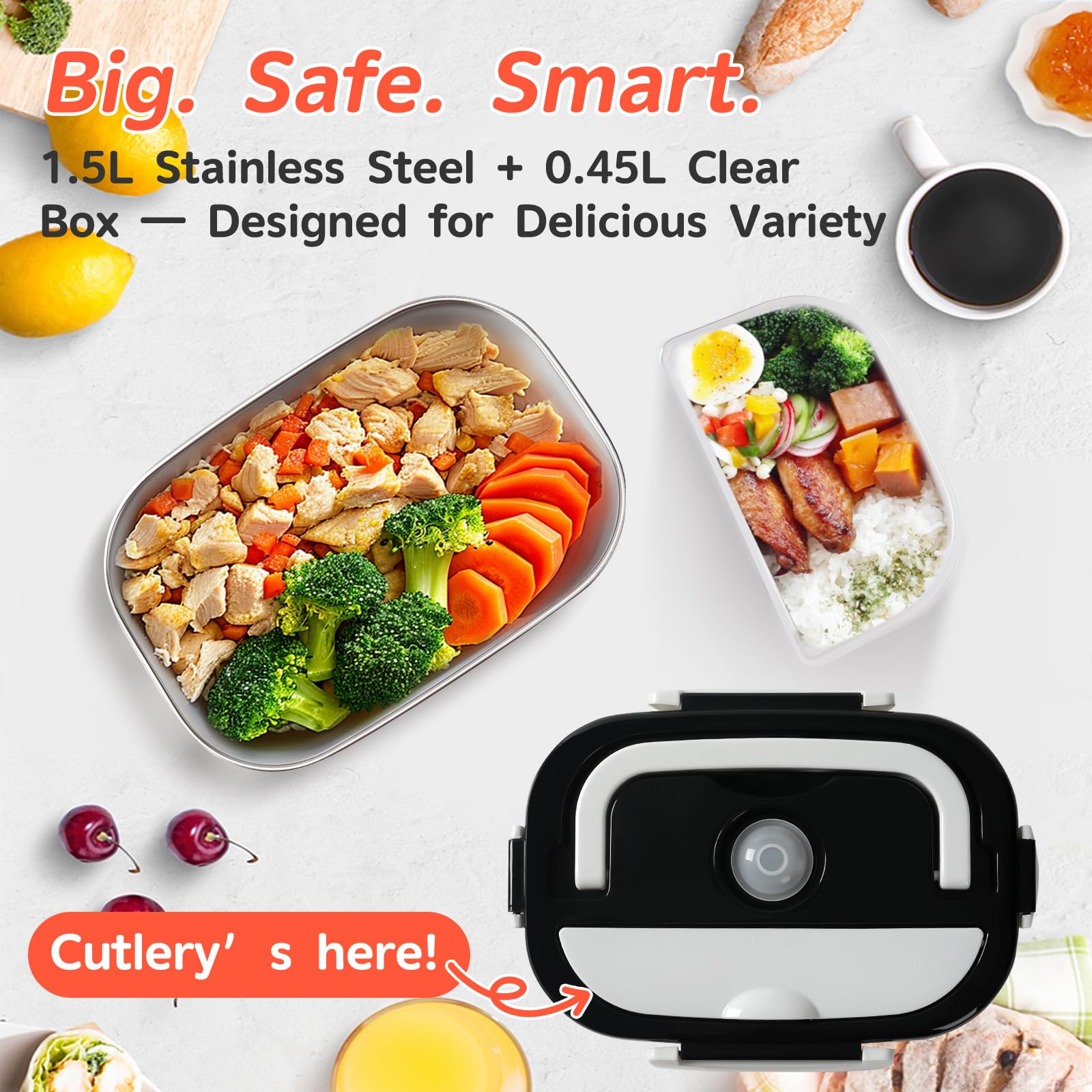 Lunch Box Chauffante Électrique 100W, 3 en 1 Portable, Gamelle Chauffante en Acier Inoxydable avec 2 Boîtes Amovibles, 12V/24V/220V pour Voiture, Camion et Bureau (Noir et Blanc, 1,5 L)