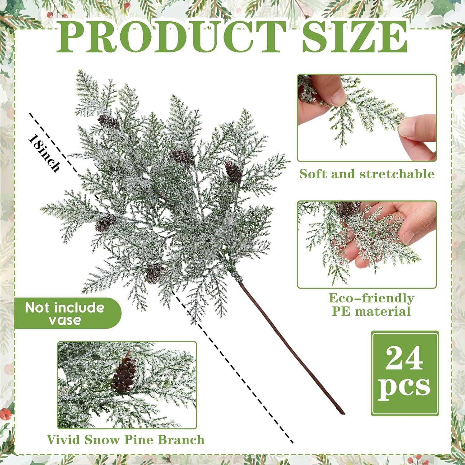 Giegxin 24 Pcs 18 Inch Large Christmas Pine Cones Picks Snow Frosted Pine Branches with Pinecone Artificial Christmas Tree Picks and Sprays Fake Greenery Stems for Xmas Wreath Crafts Home Decor