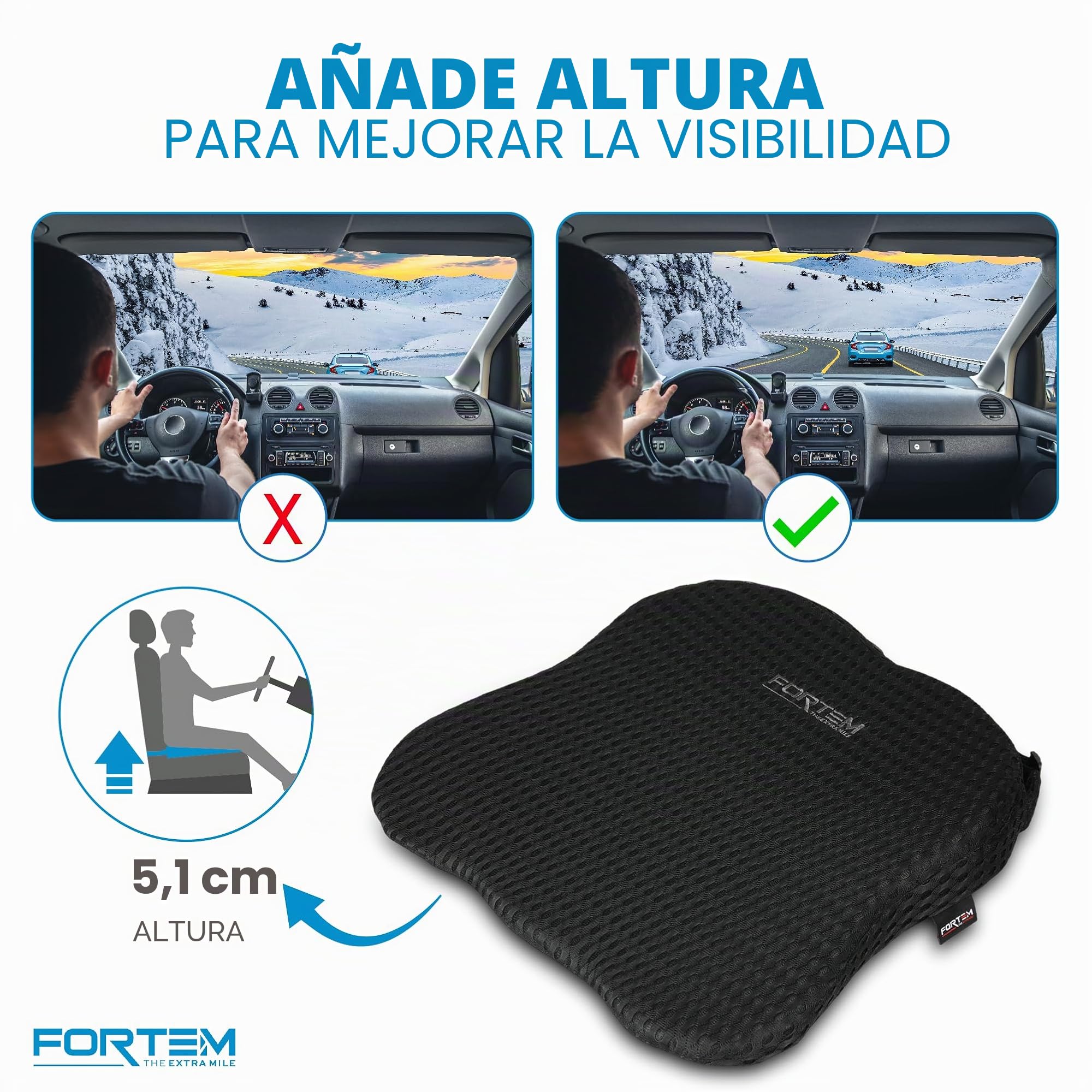 FORTEM Cojín para Asiento De Coche Y Soporte Lumbar, Cuña Ergonómica De Espuma Viscoelástica, Respaldo Cómodo para Conducir, Base Antideslizante, Correas Ajustables, Funda Lavable