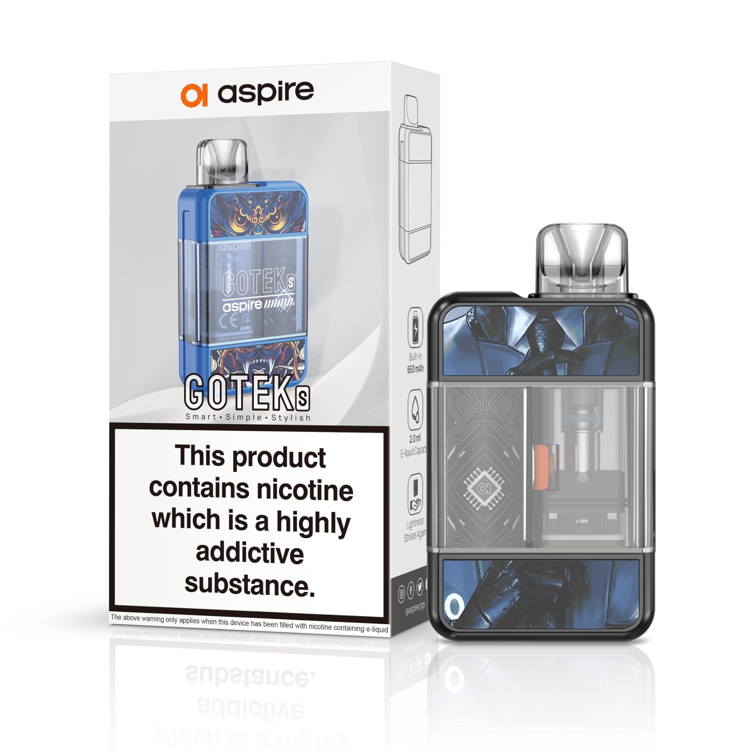 Aspire GOTEK S Refillable Pod Vape Kit [Black] - Pocket Sized, Lightweight,  Stylish, Draw Activated, Adjustable MTL/RDTL, Compatible with All Gotek Pods,  Rechargeable E Cigarette, No Nicotine: Amazon.co.uk: Electronics & Photo