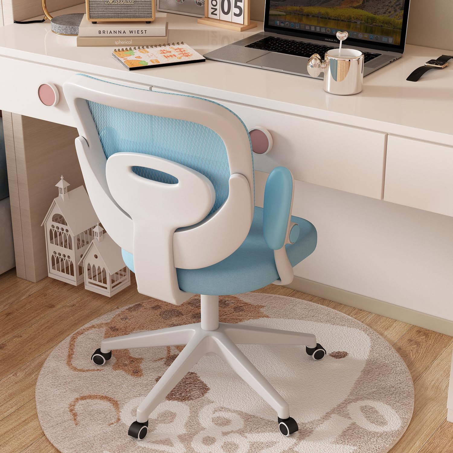 Silla de escritorio para niños y niñas con reposabrazos ajustables, silla de escritorio para niños con ruedas, silla de computadora para niños, silla de estudio de oficina para niños (azul) 5