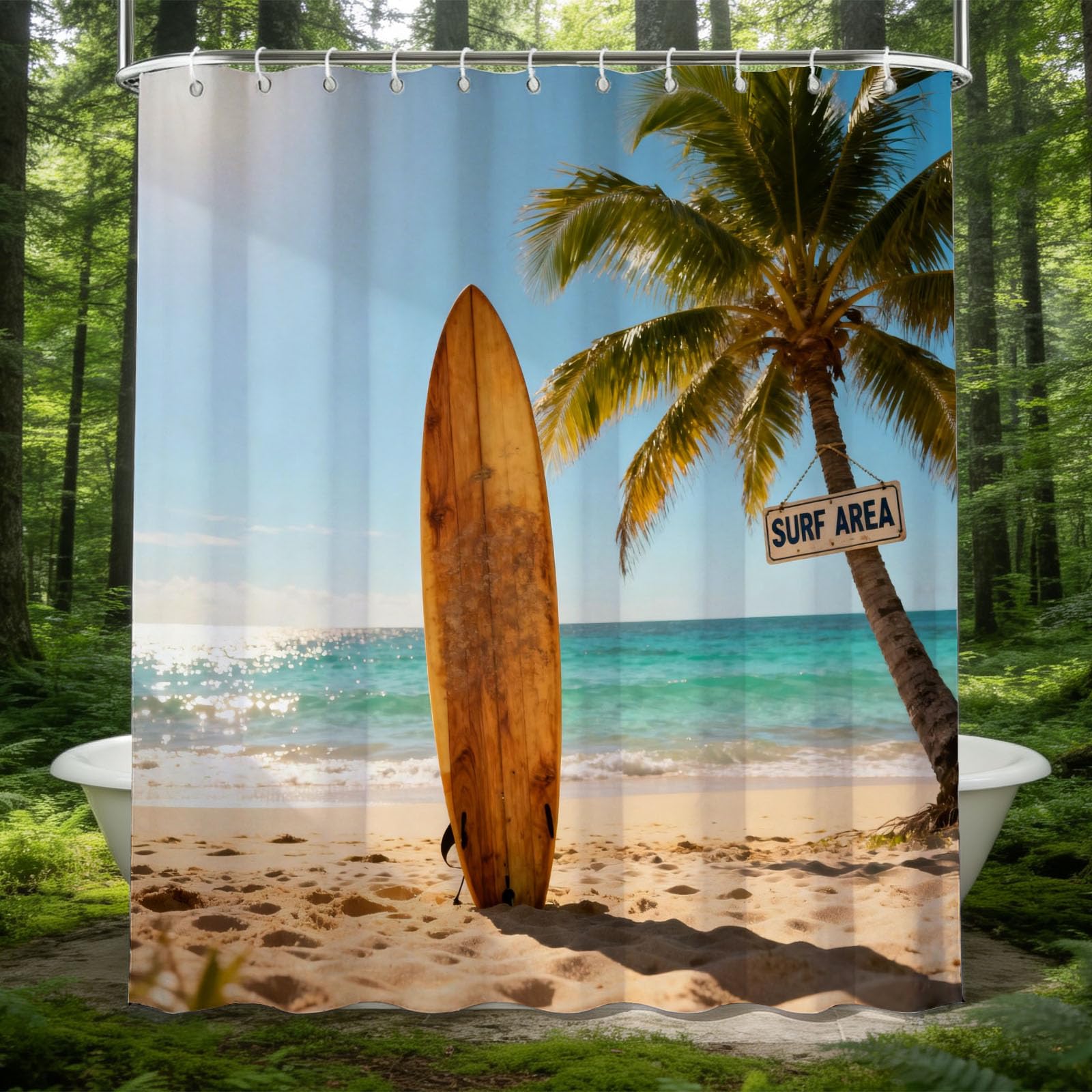 Hongduo 3D Surfboard Shower Curtain for Stalls Bathtubs Seaside Scenery Bathroom Decor Shower Curtain Set Polyester Fabric Waterproof 180x180cm/71X71 Inch with Hooks