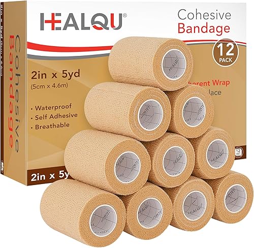 HEALQU Vendaje Autoadhesivo - 12 Rollos 2 pulgadas x 5 yardas Cinta Cohesiva para Atletismo y Deportes - Cinta Médica Autoadherente, Vendajes