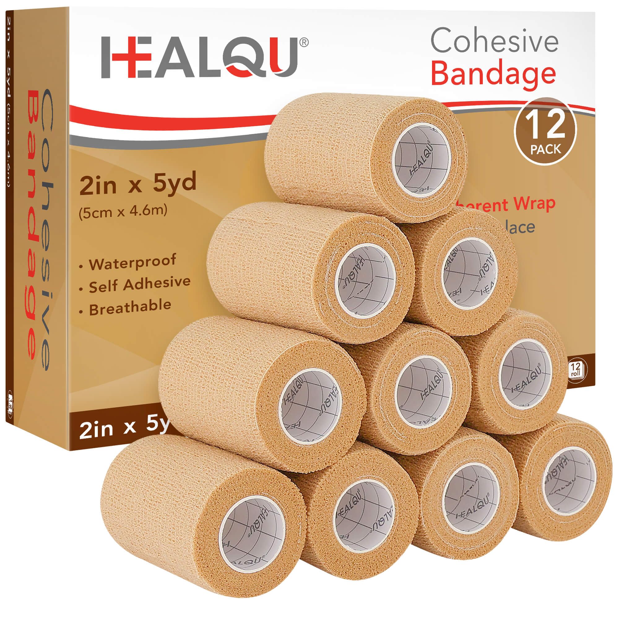 Healqu| Bendaggio autoadesivo, 24 rotoli, 2 pollici x 5 m, per atletica e sport, nastro medico autoaderente, bende flessibili ed elastiche per polsi e caviglie, fascia veterinaria per cani
