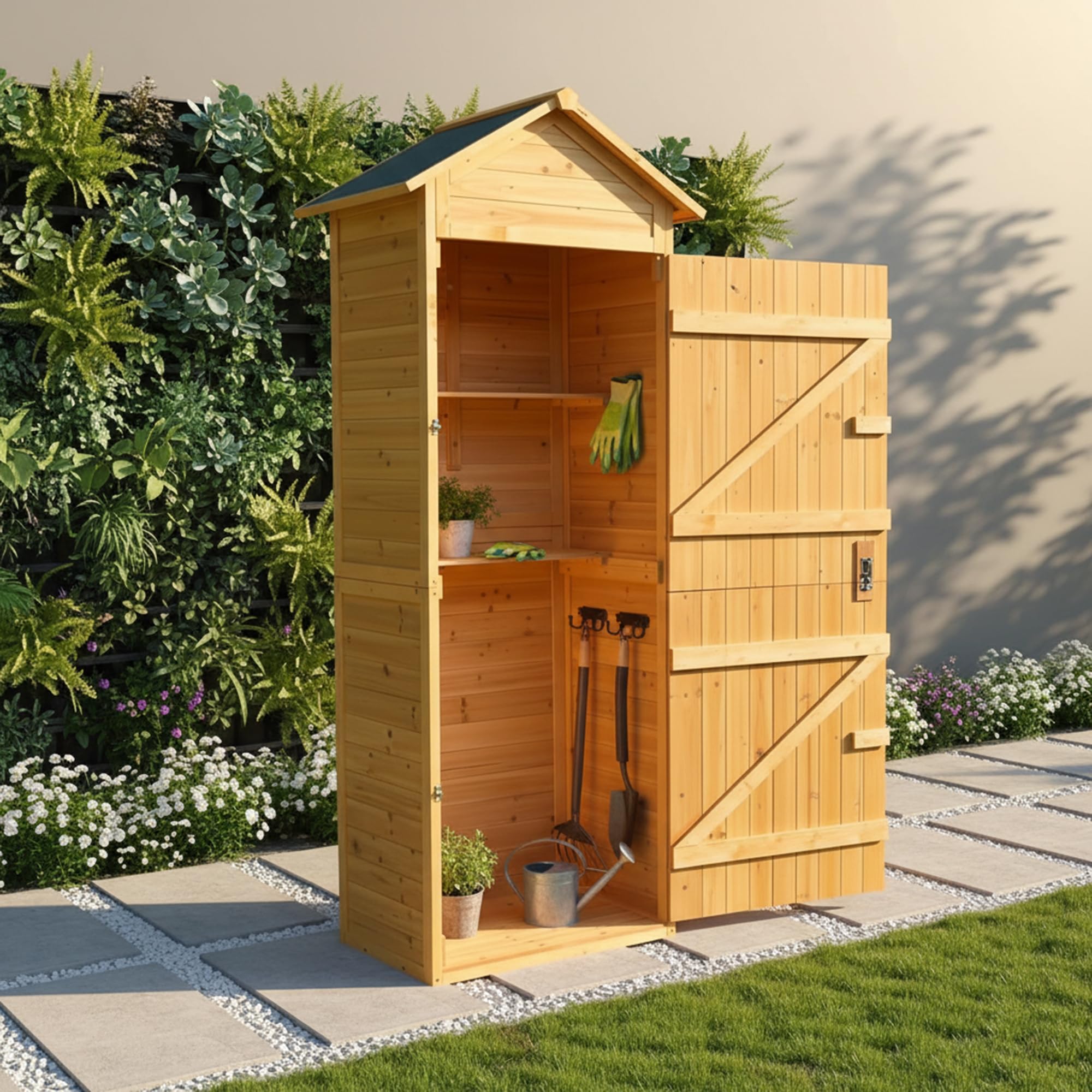 Mucola Gerätehaus mit 2 integrierten Regalböden 79x49x190 cm Geräteschuppen Gartenschrank aus Holz Geräteschrank Gartenhaus Gartengerätehaus