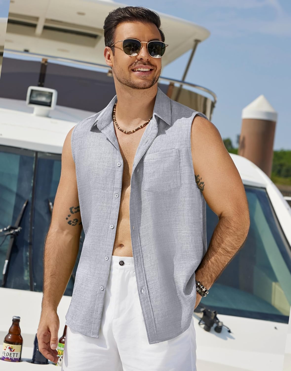 COOFANDY Men's Sleeveless Beach Shirts Summer Button Up Tank Tops Casual Textured Tank Shirt - Image 4