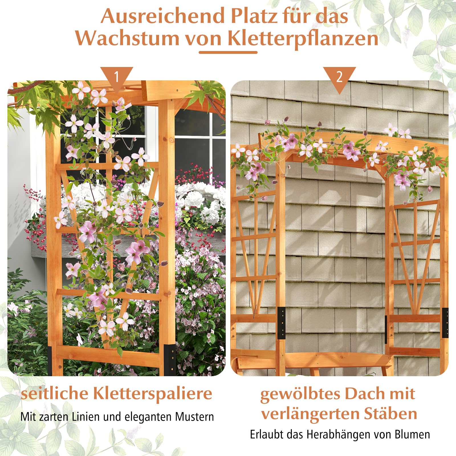 COSTWAY Rozenboog Met Bank – Houten Klimboog Met 2-zits Tuinbank, 160x50x199 Cm, Voor Klimplanten En Romantische Tuindecoratie