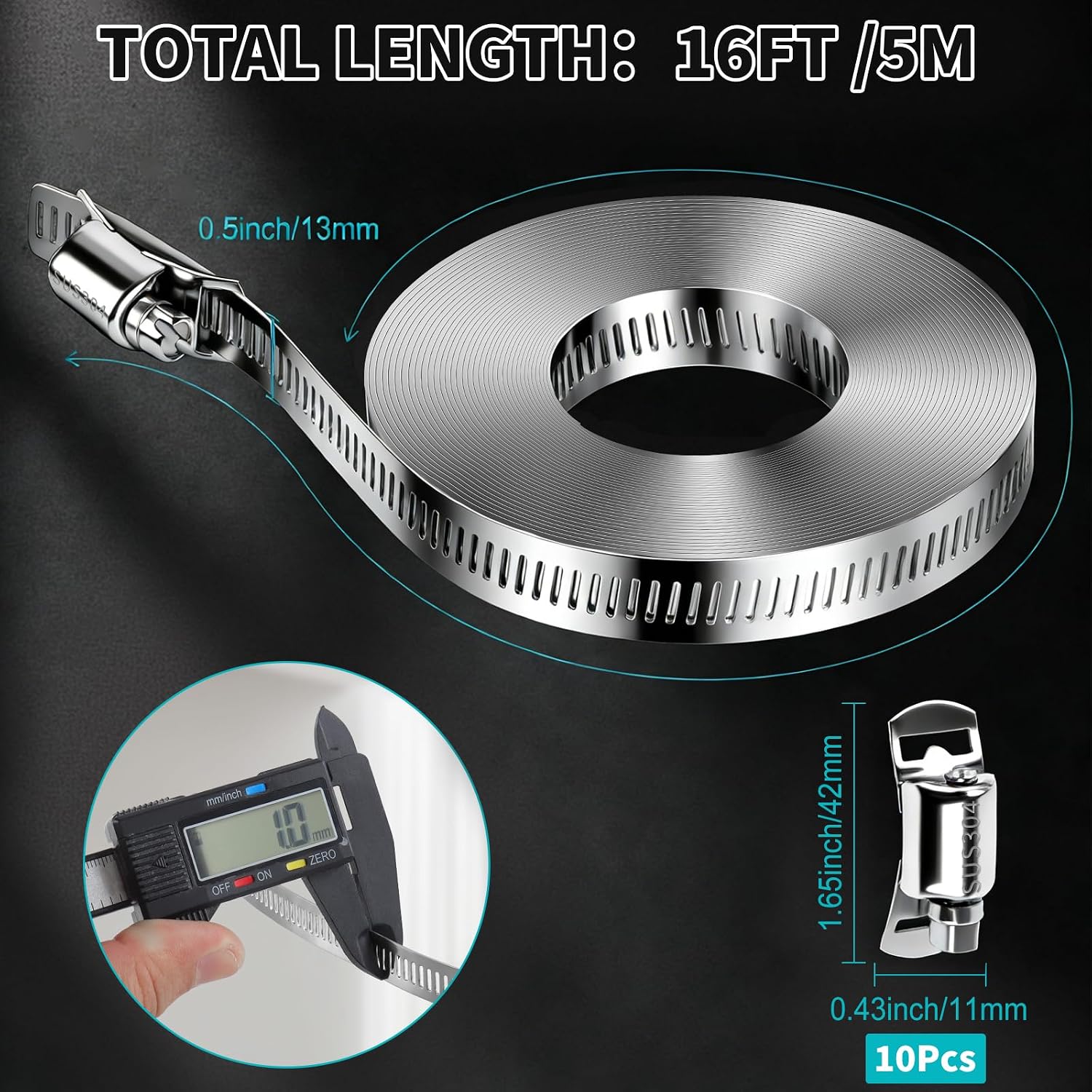 Hose Clamps DIY Kit 16 FT, Adjustable Metal Screw Clamps Strap +10 Fastener