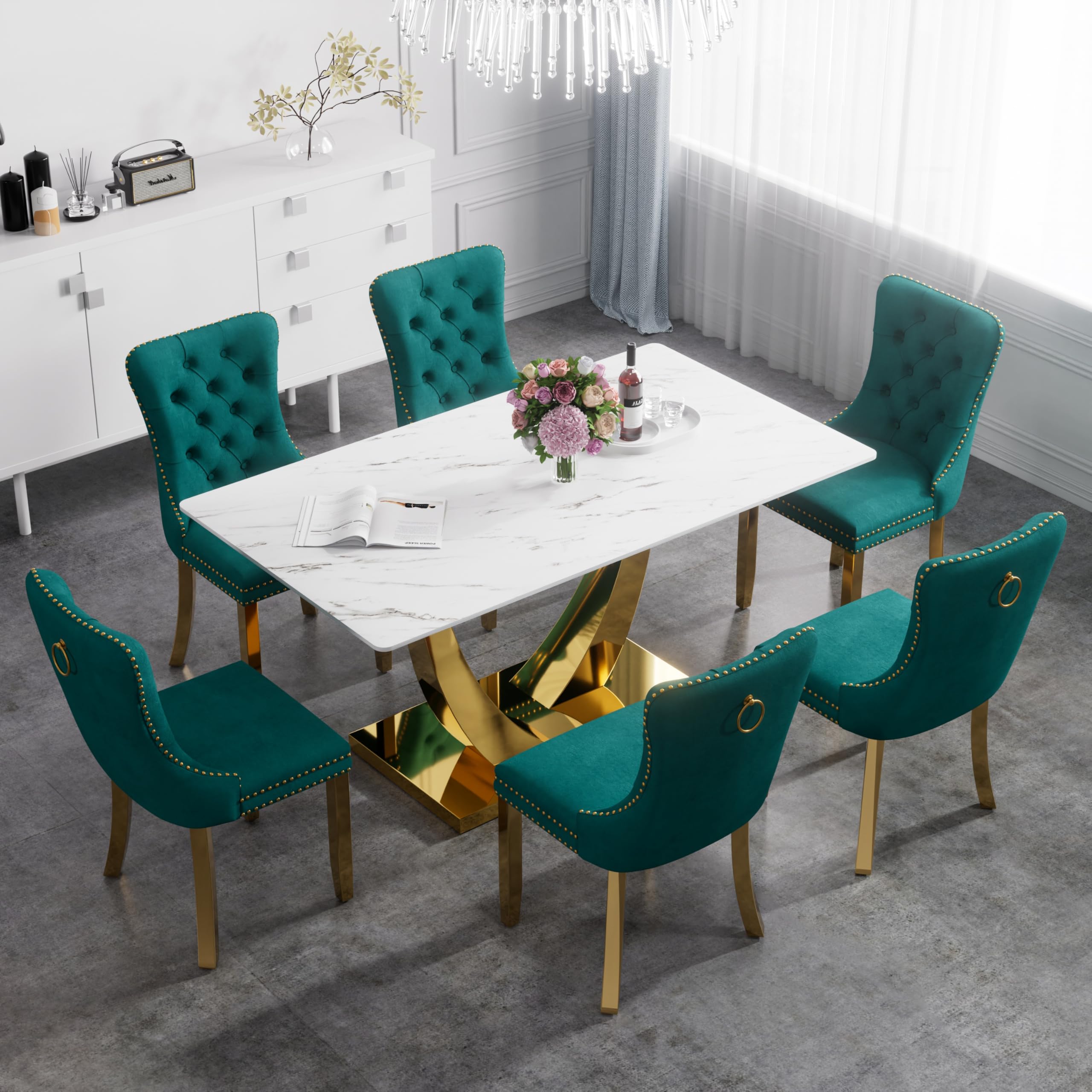 HAIZAO Mid Century Modern Glass Dining Room Table Set for 6, 63'' White Faux Marble Rectangle Dinner Set, 7 PCS Retro Kitchen Dinette Table Set, Green