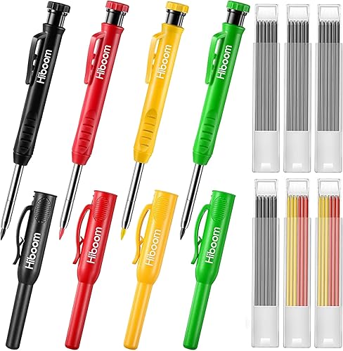 Miniatura 9 de Hiboom Paquete de 4 lápices de carpintero con 36 repuestos (rojo, negro, amarillo), herramienta de marcado de carpintería resistente de 0.116