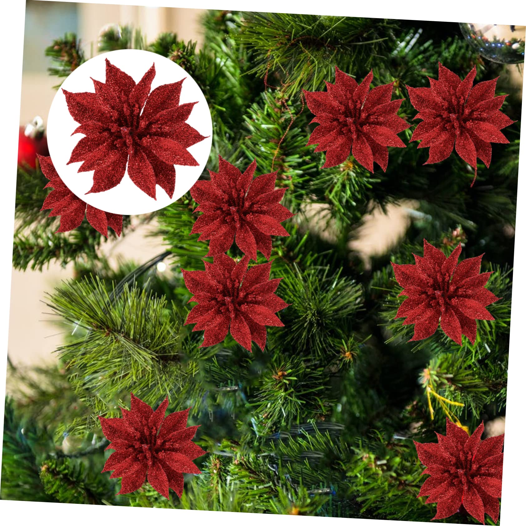 Pendentif De Noël Fleur en Tissu Rouge Paillettes 12 Pièces Décoration d'arbre De Noël Intérieure Et Extérieure Fournitures De Fête